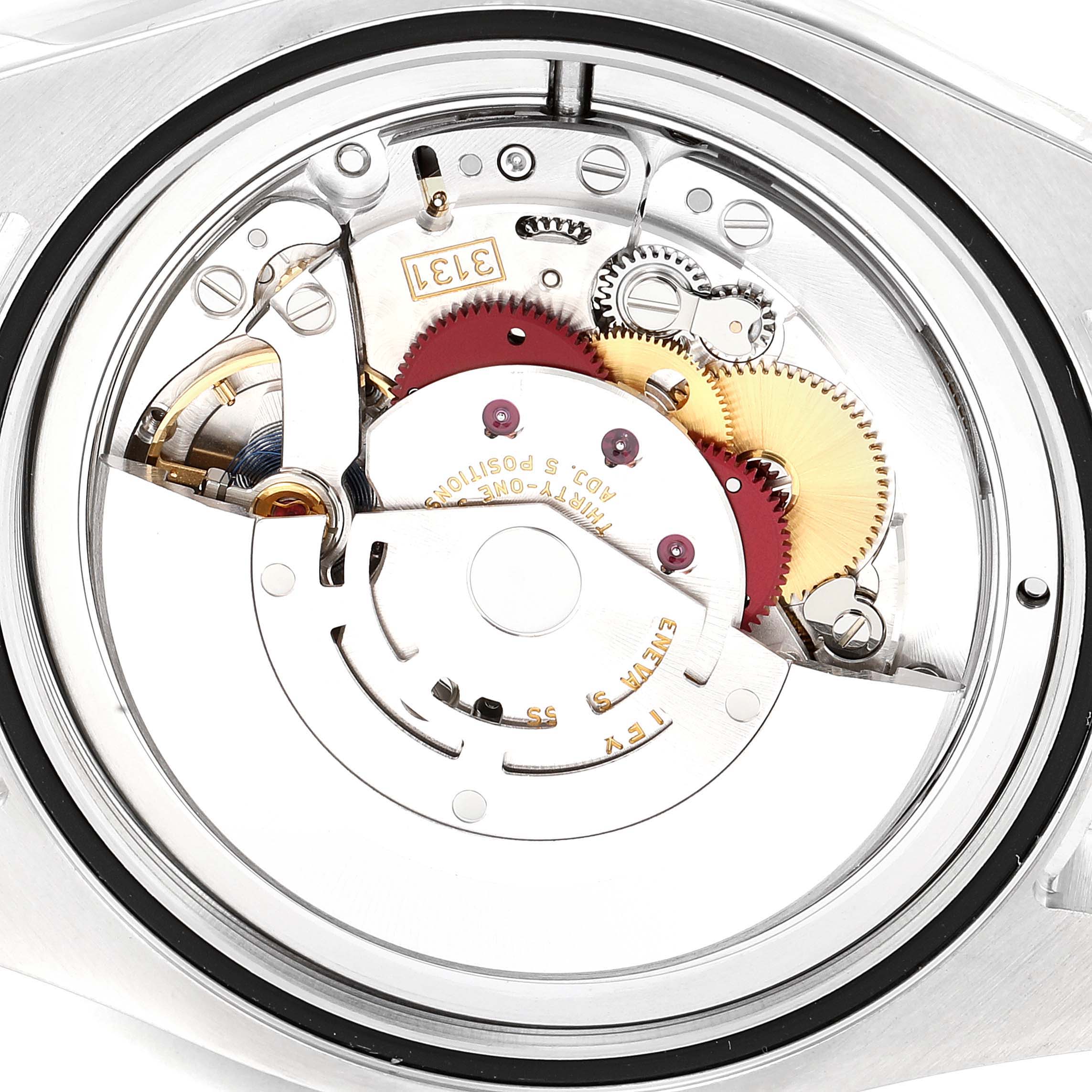 This image shows the intricate internal movement and mechanical parts of a Rolex Air-King 116900 Men's Stainless Steel Black Dial 116900 Men's Stainless Steel Black Dial watch from a close-up, back angle.