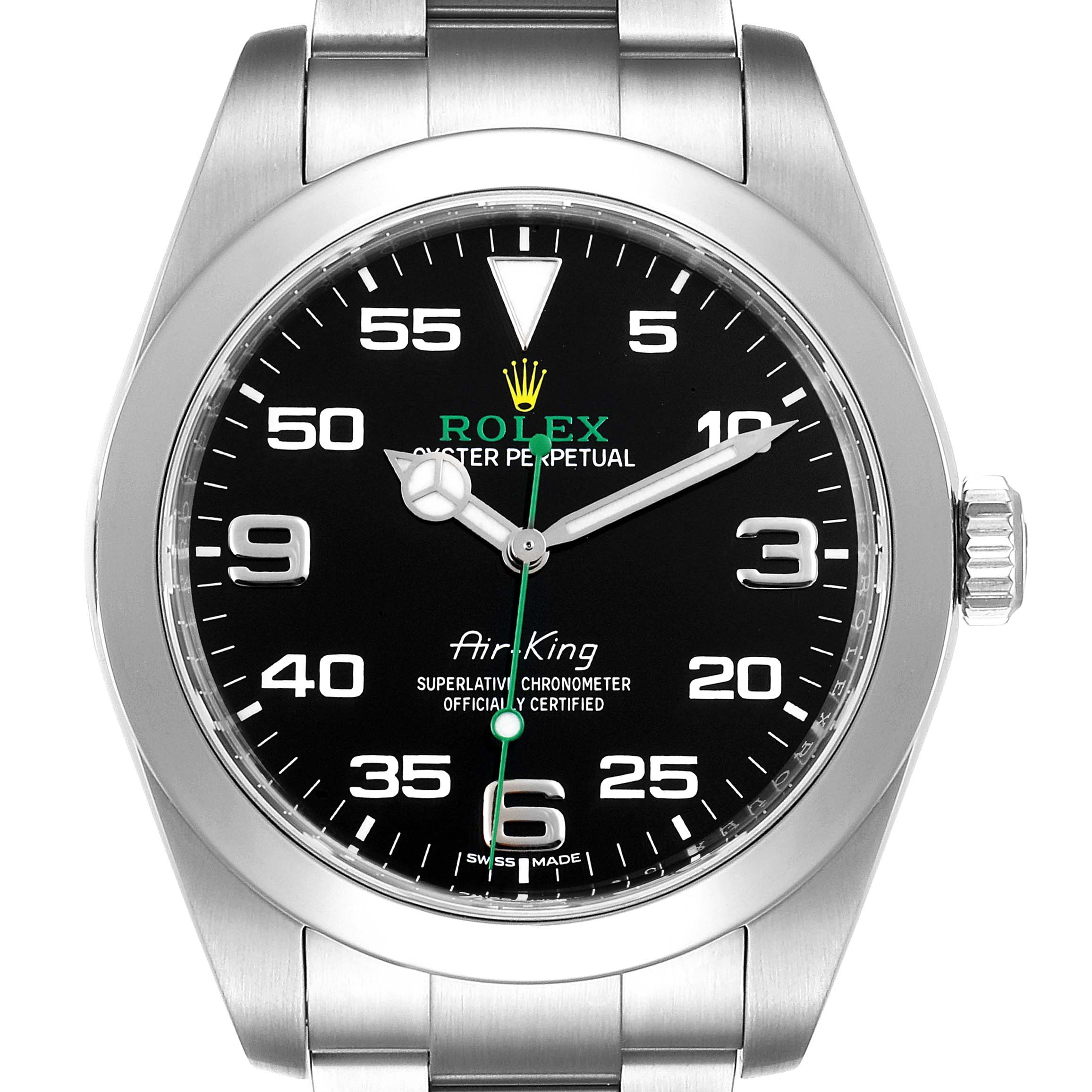 The image shows a front view of the Rolex Air-King 116900 Men's Stainless Steel Black Dial 116900 Men's Stainless Steel Black Dial watch, showcasing its black dial, numerals, and stainless steel bracelet.