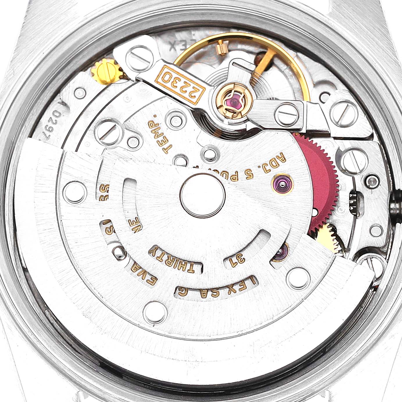 The image shows the internal mechanical movement of the Rolex Oyster Perpetual 76094 Women's Stainless Steel Blue Dial 76094 Women's Stainless Steel Blue Dial watch, viewed from the back.