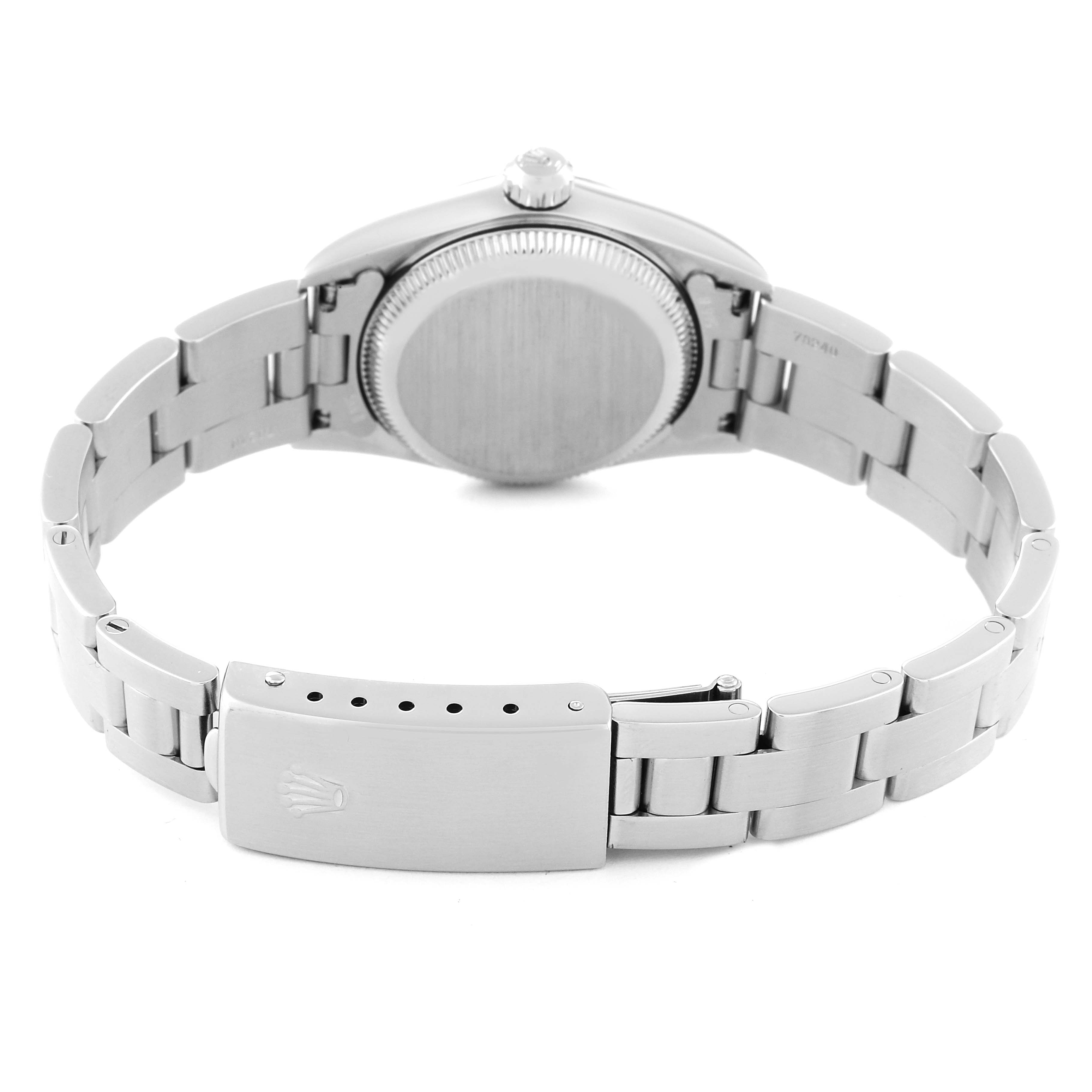 This image shows the backside and bracelet of a Rolex Oyster Perpetual 76094 Women's Stainless Steel Blue Dial 76094 Women's Stainless Steel Blue Dial watch, focusing on the clasp and case back.