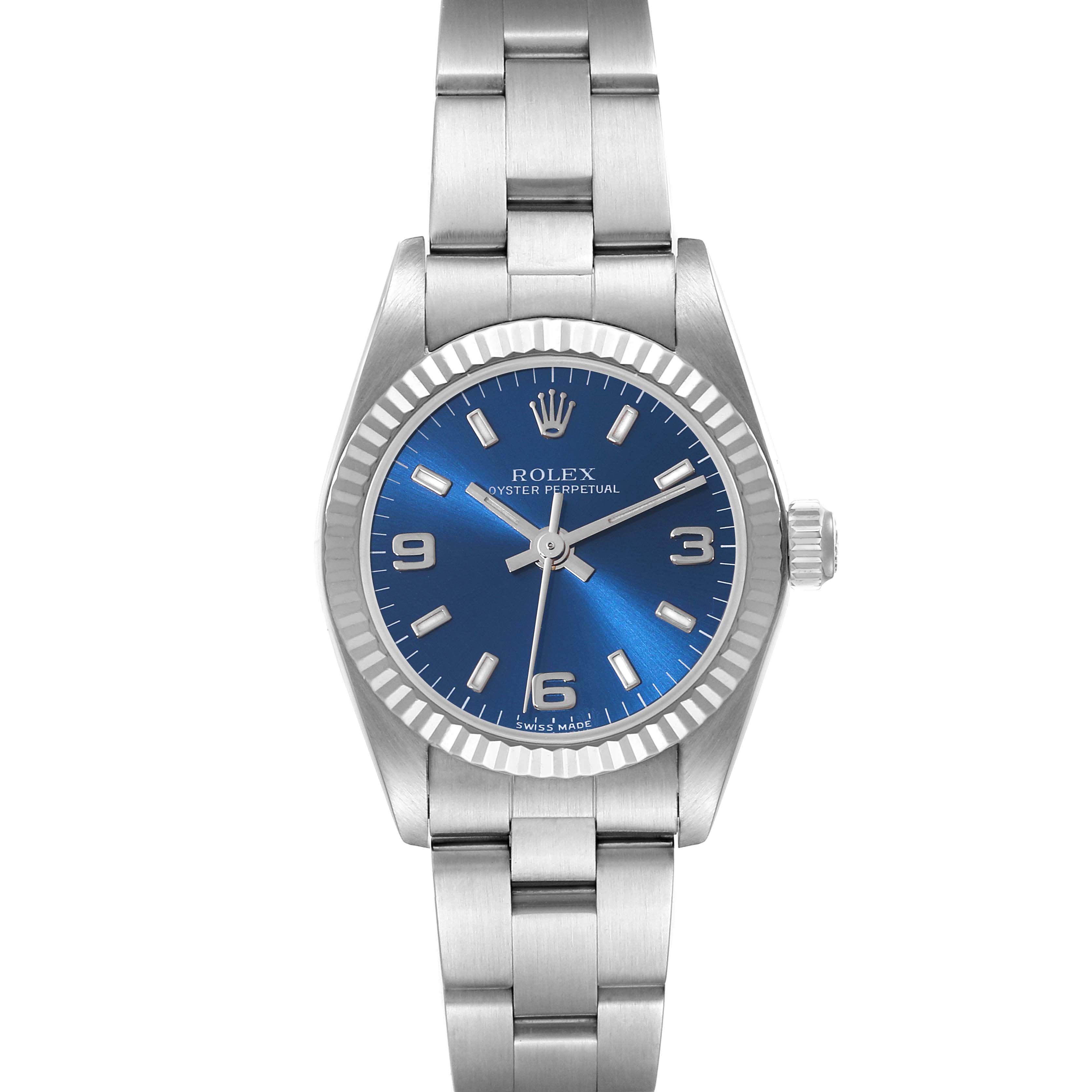 This Rolex Oyster Perpetual 76094 Women's Stainless Steel Blue Dial 76094 Women's Stainless Steel Blue Dial watch is shown from the front, displaying the blue dial, crown, and part of the stainless steel bracelet.