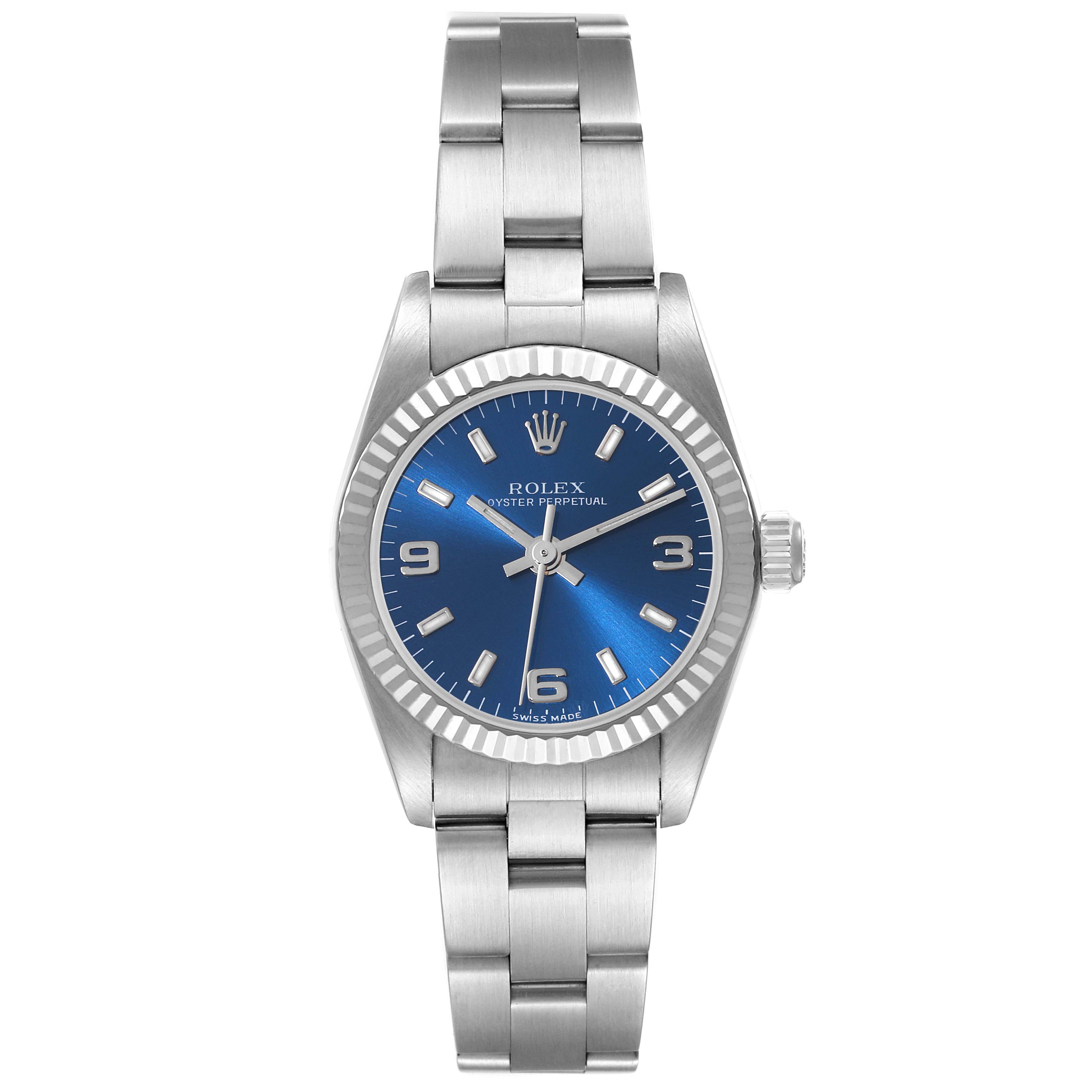 This image shows a front view of a Rolex Oyster Perpetual 76094 Women's Stainless Steel Blue Dial 76094 Women's Stainless Steel Blue Dial watch, highlighting the dial, bezel, and bracelet.