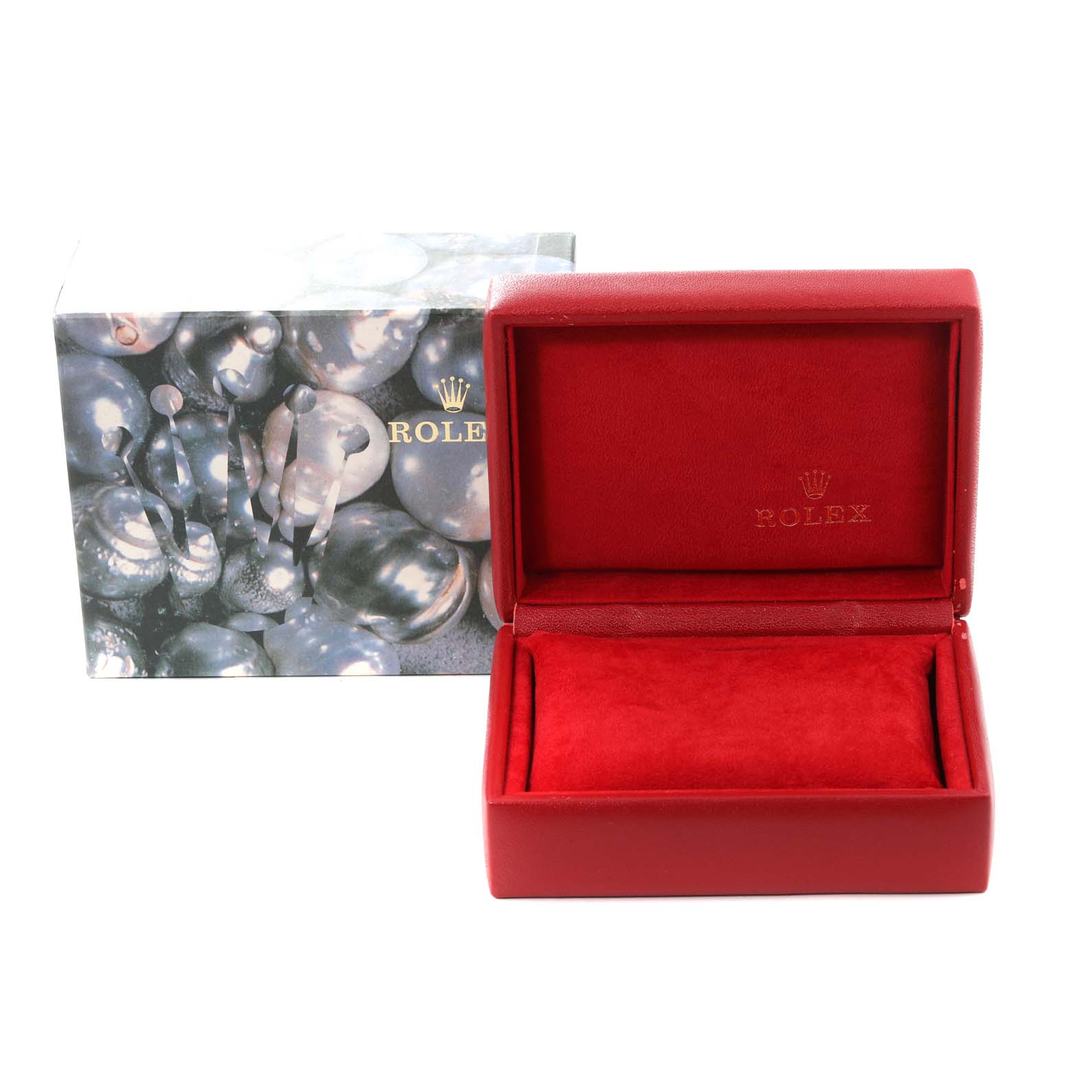 This image shows a red Rolex Oyster Perpetual 76094 Women's Stainless Steel Blue Dial 76094 Women's Stainless Steel Blue Dial watch box with a closed outer case featuring a pearl design.