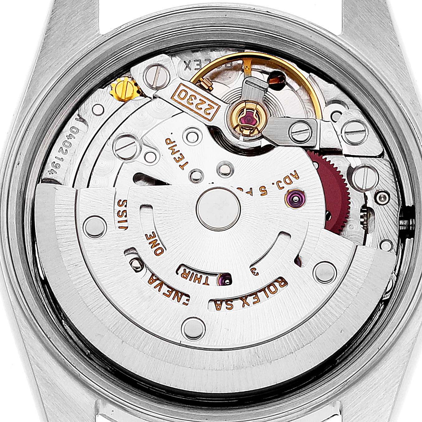 The image shows the internal movement mechanism of the Rolex Oyster Perpetual 76030 Women's Stainless Steel Black Dial 76030 Women's Stainless Steel Black Dial watch from a rear angle.