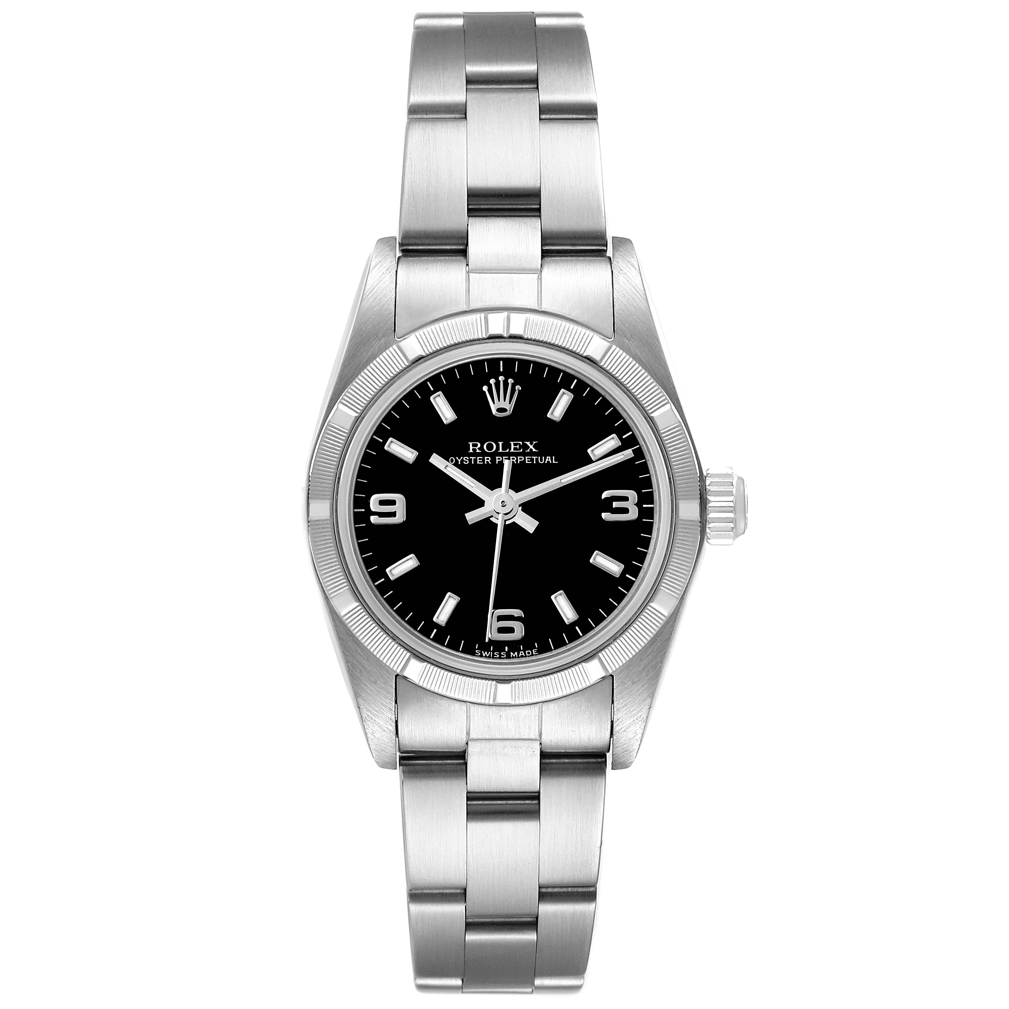 This image shows a front view of a Rolex Oyster Perpetual 76030 Women's Stainless Steel Black Dial 76030 Women's Stainless Steel Black Dial watch, highlighting the bracelet, dial, and crown.