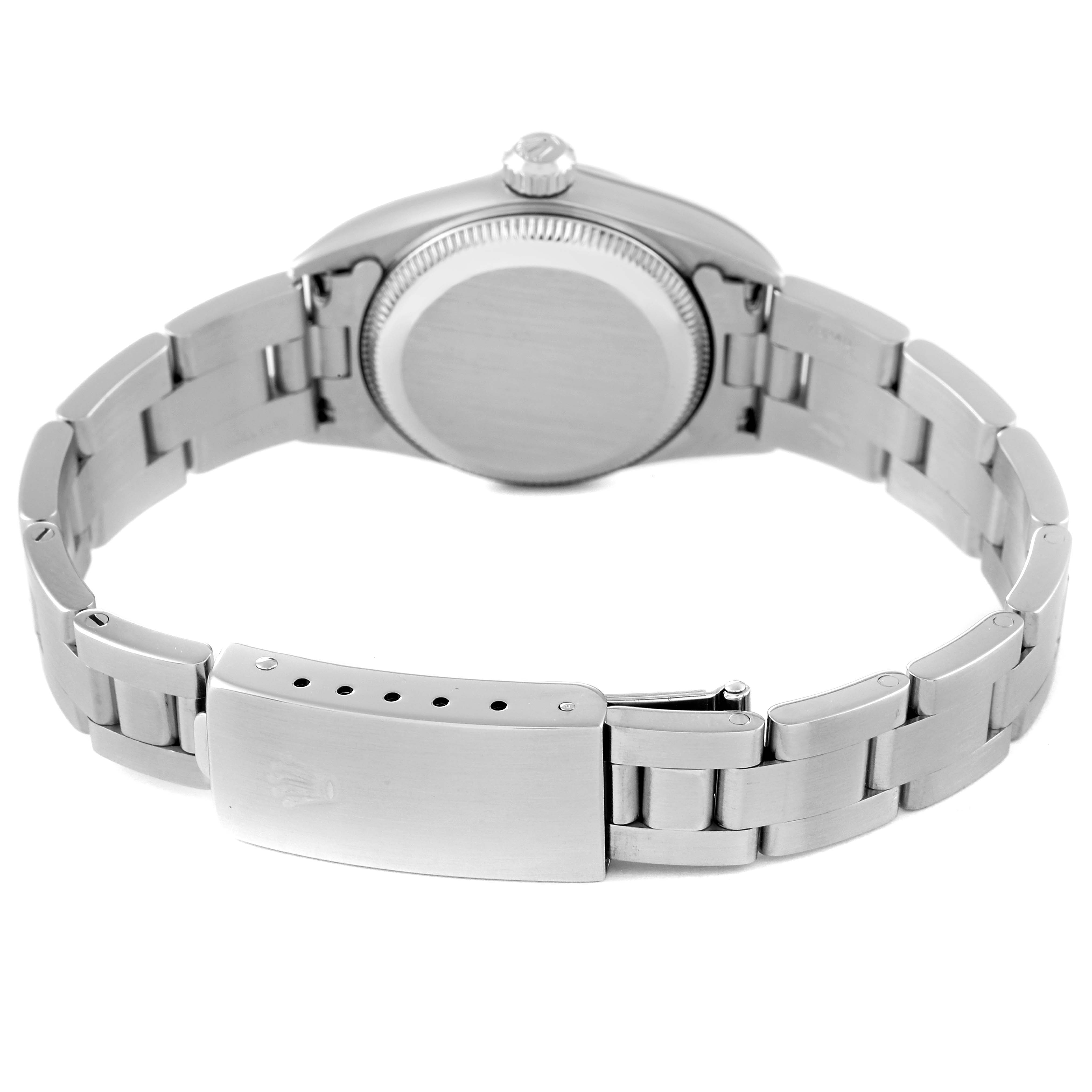 The image shows the back view of a Rolex Oyster Perpetual 76030 Women's Stainless Steel Black Dial 76030 Women's Stainless Steel Black Dial model, featuring its clasp and bracelet.