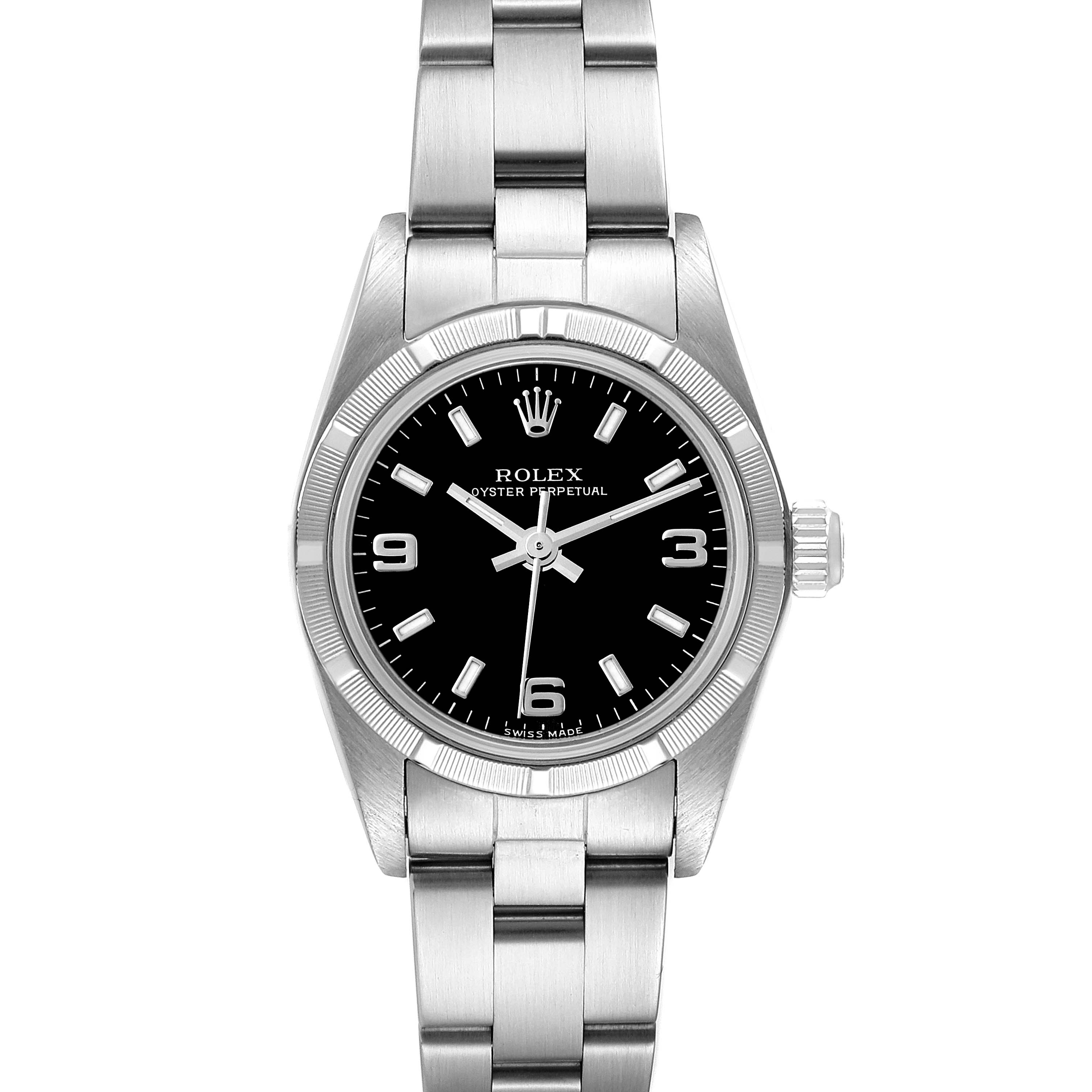 The image shows a front view of a Rolex Oyster Perpetual 76030 Women's Stainless Steel Black Dial 76030 Women's Stainless Steel Black Dial watch, highlighting its black dial, stainless steel bracelet, and bezel.