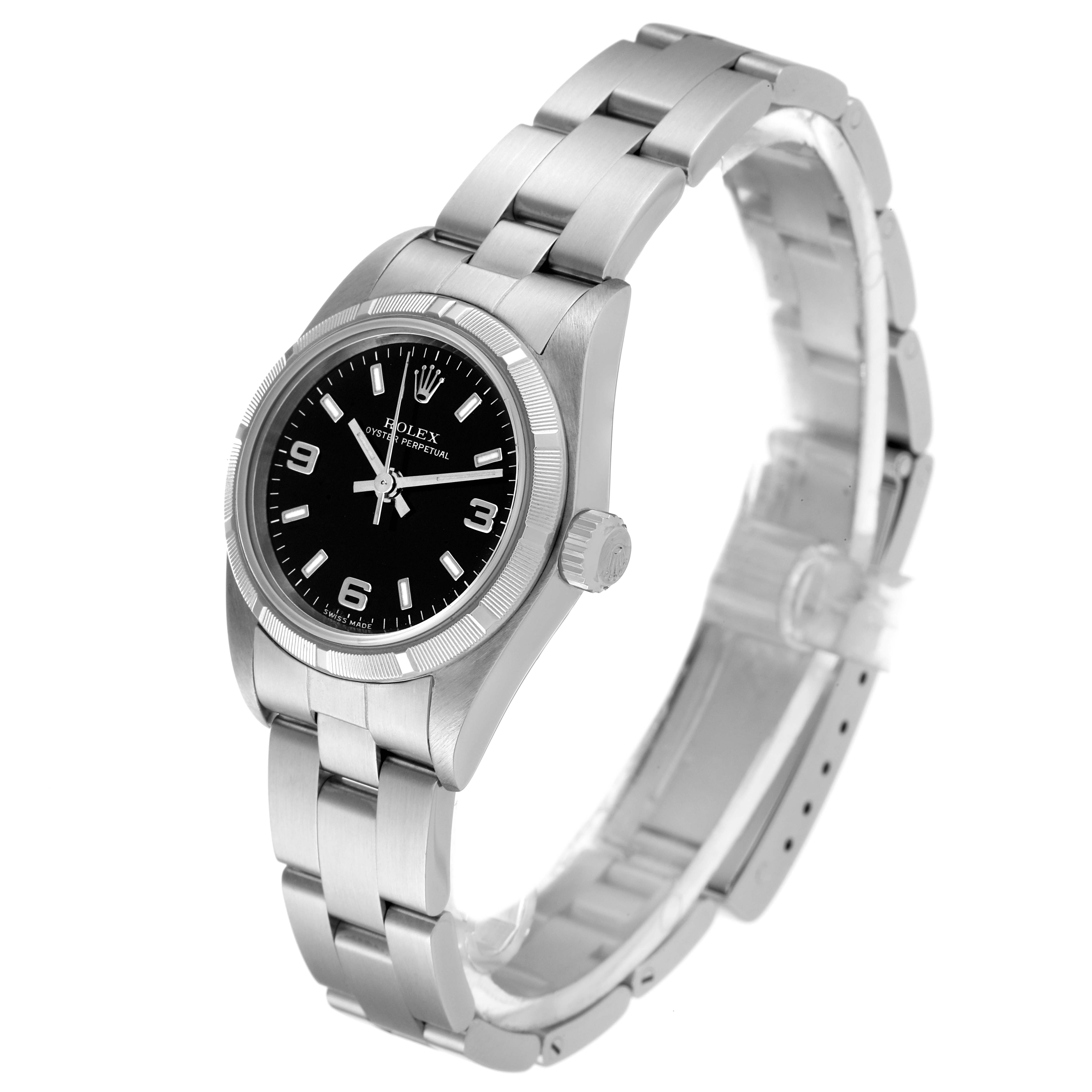 This image shows a Rolex Oyster Perpetual 76030 Women's Stainless Steel Black Dial 76030 Women's Stainless Steel Black Dial watch in a quarter-angle view, highlighting the face, bezel, crown, and band.