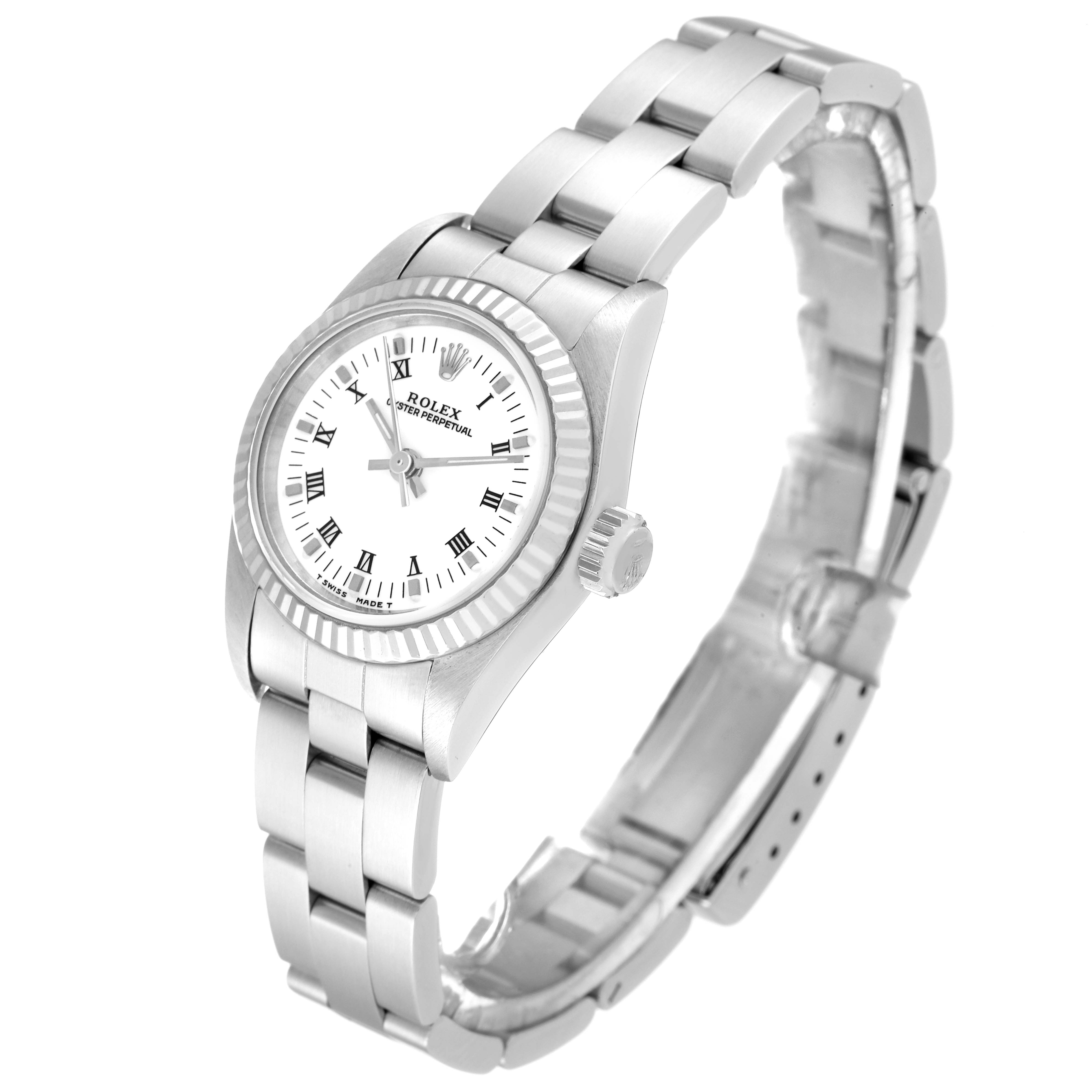 The image shows an angled view of a Rolex Oyster Perpetual 67194 Women's Stainless Steel White Dial 67194 Women's Stainless Steel White Dial watch, displaying its face, bezel, crown, and bracelet.