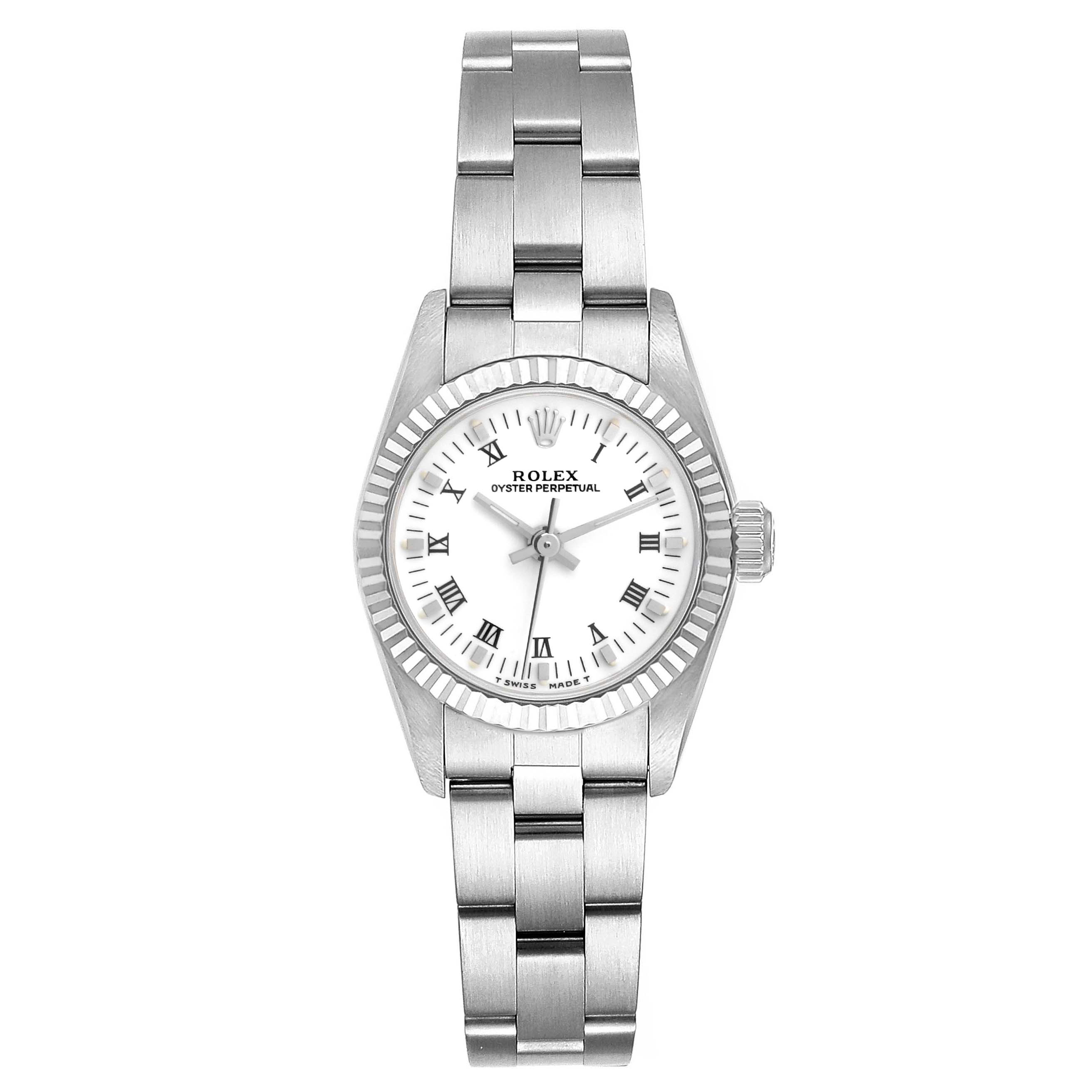 The image shows a front view of a Rolex Oyster Perpetual 67194 Women's Stainless Steel White Dial 67194 Women's Stainless Steel White Dial watch, displaying the face, bezel, and bracelet links.