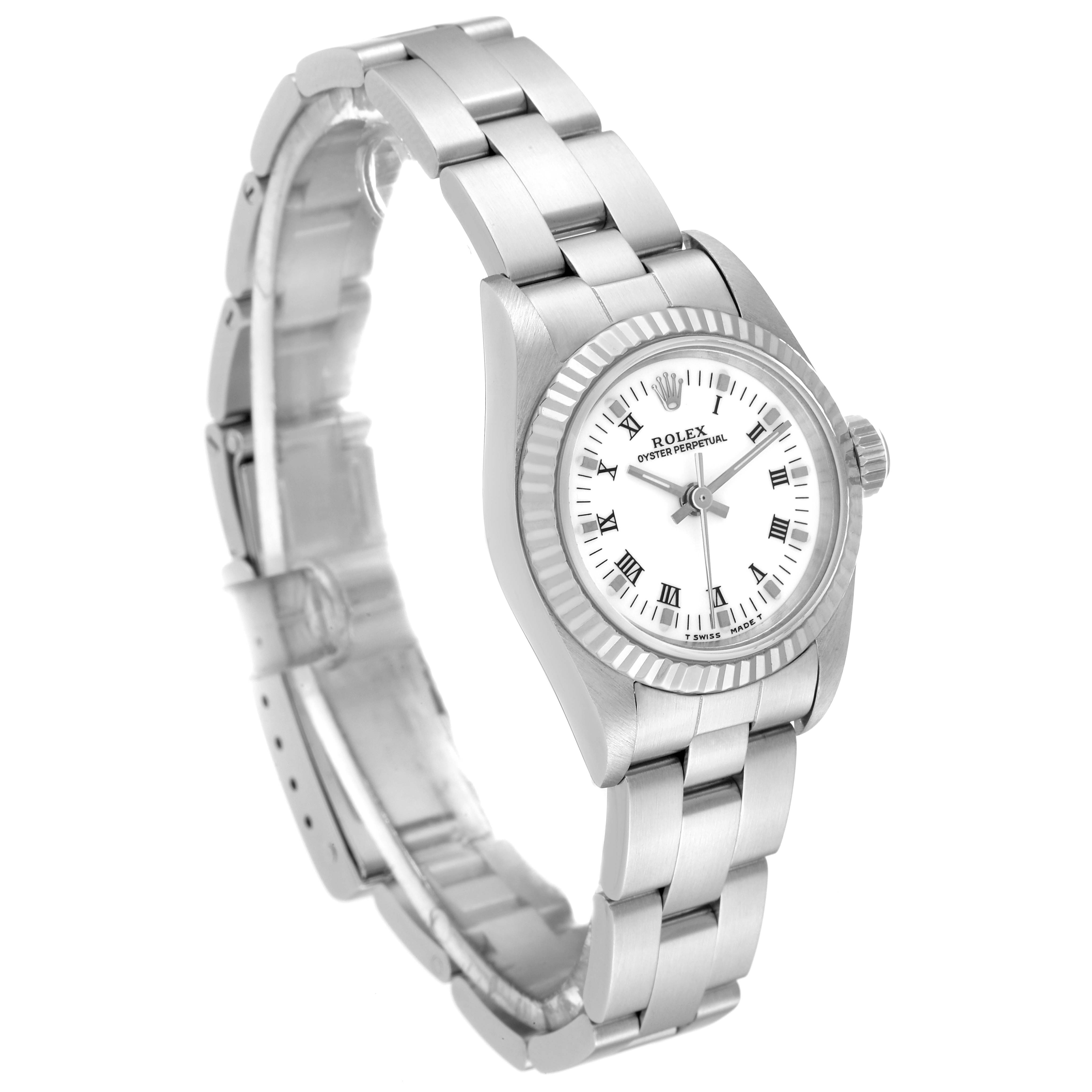 The image shows a side and front angle view of a Rolex Oyster Perpetual 67194 Women's Stainless Steel White Dial 67194 Women's Stainless Steel White Dial watch, highlighting the dial, bezel, and bracelet.
