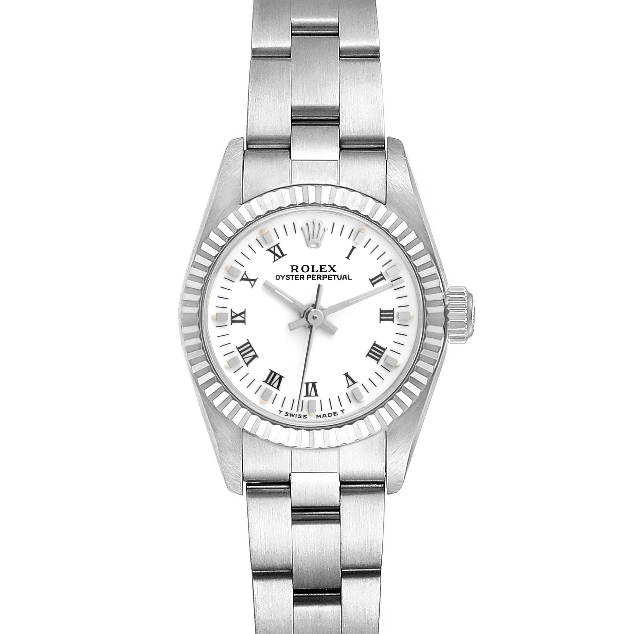 This image shows a front view of a Rolex Oyster Perpetual 67194 Women's Stainless Steel White Dial 67194 Women's Stainless Steel White Dial watch, displaying its stainless steel bracelet and white dial with Roman numerals.