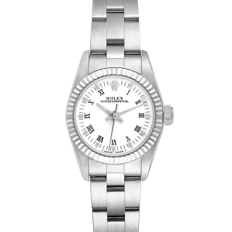 Rolex Oyster Perpetual Roman Dial Steel White Gold Ladies Watch 67194 SwissWatchExpo