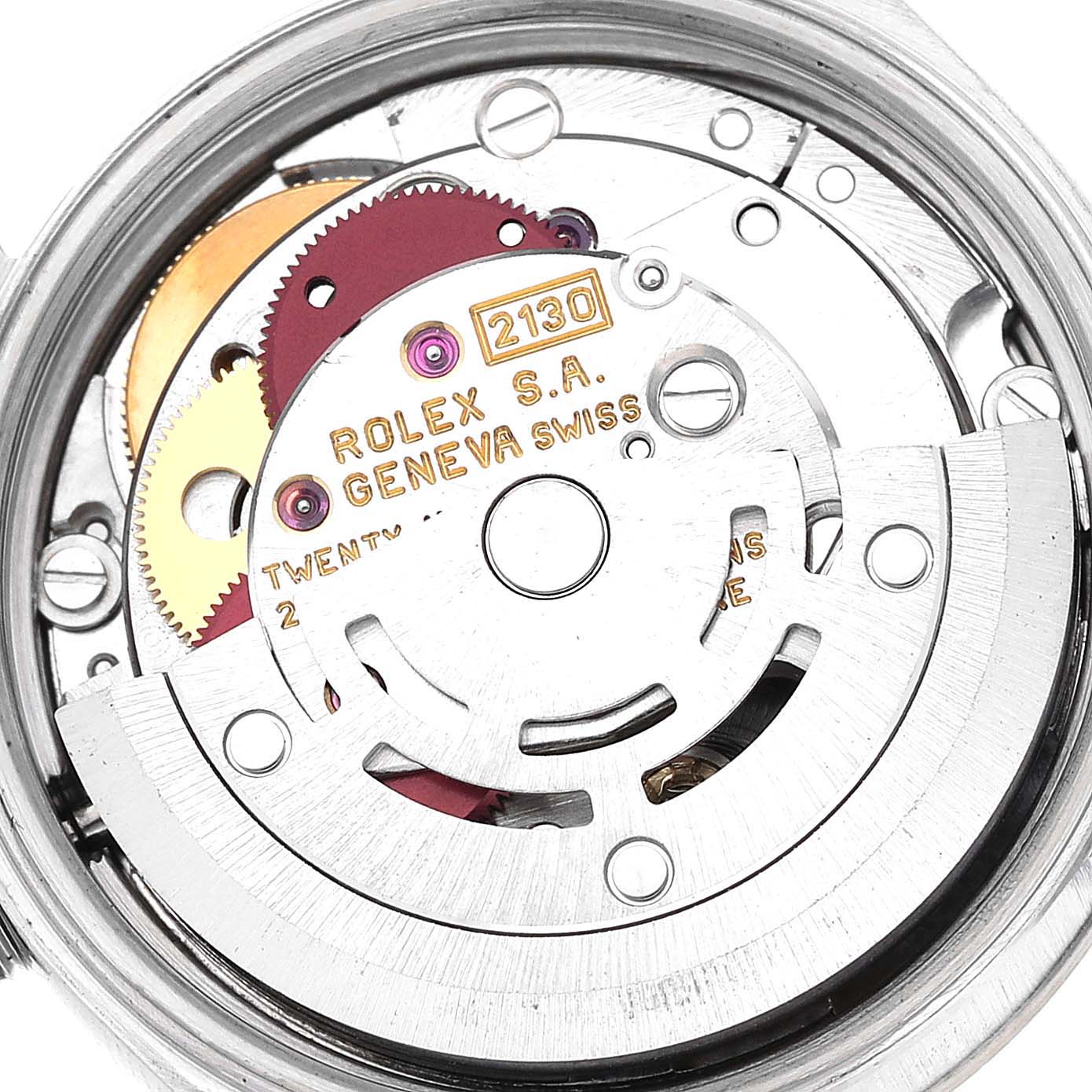 This is an inside view of the Rolex Oyster Perpetual 67194 Women's Stainless Steel White Dial 67194 Women's Stainless Steel White Dial watch showing its intricate internal movement parts.