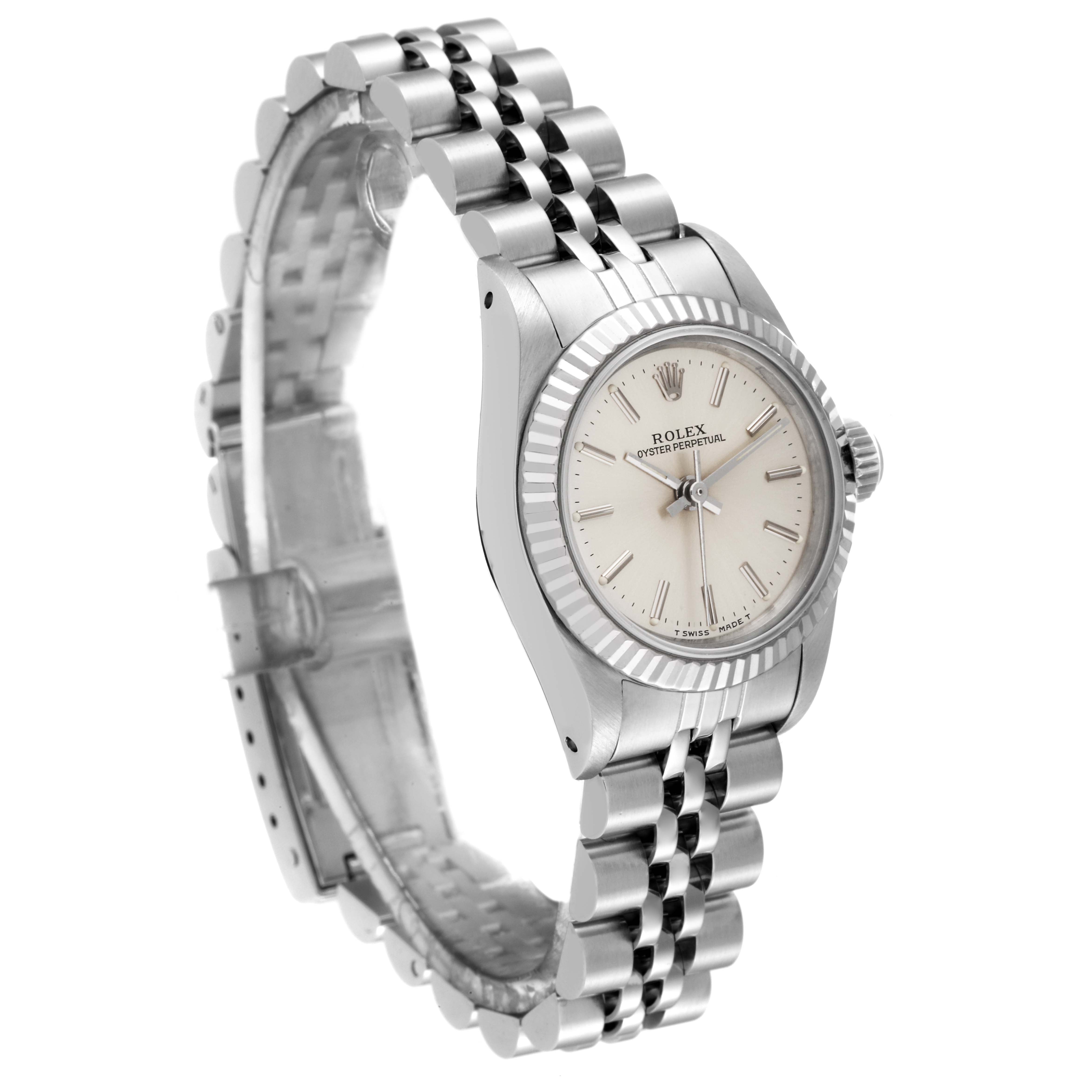 The image shows a Rolex Oyster Perpetual 67194 Women's Stainless Steel Silver Dial 67194 Women's Stainless Steel Silver Dial watch from a side angle, highlighting its bracelet, bezel, case, and dial.