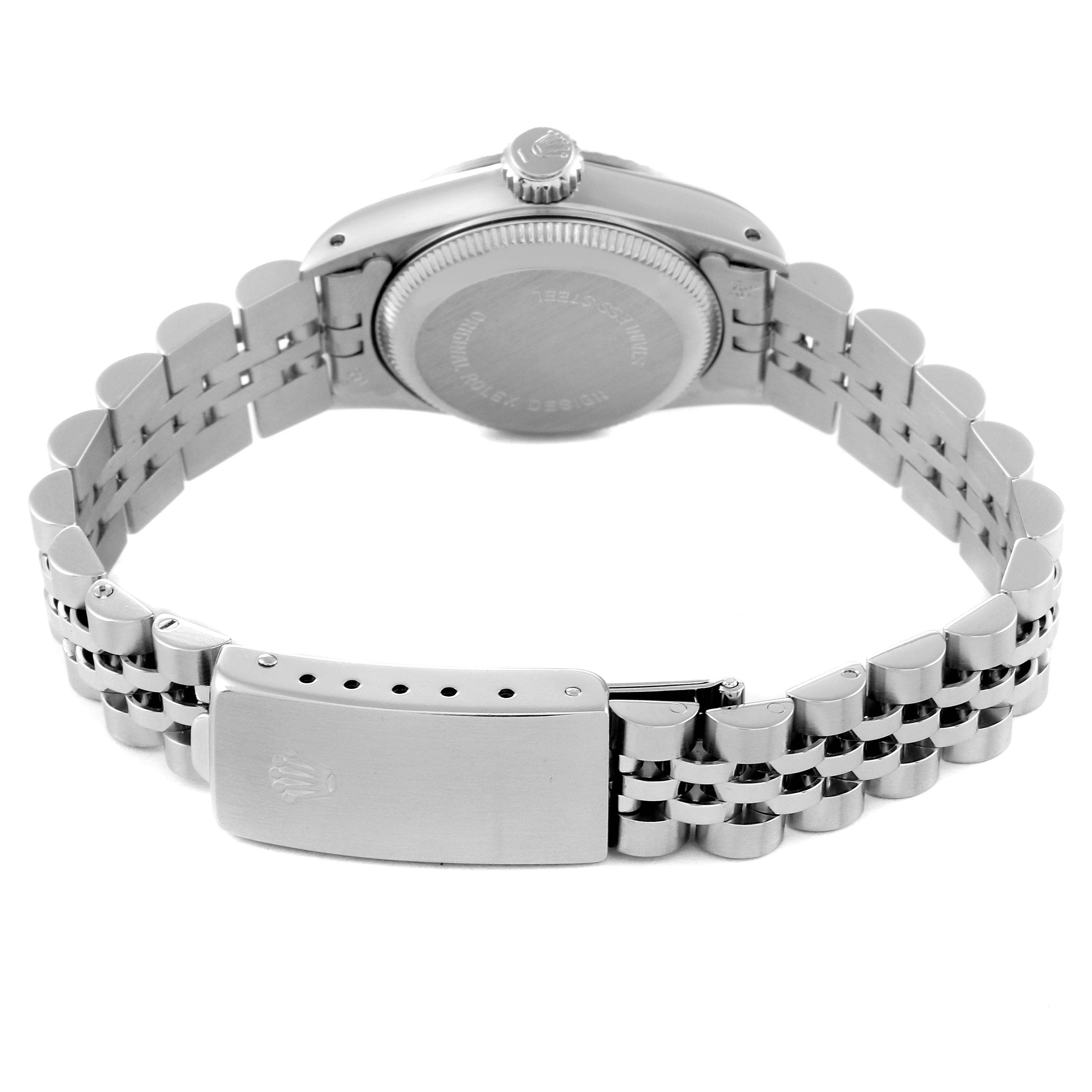 The image shows the back view and bracelet of a Rolex Oyster Perpetual 67194 Women's Stainless Steel Silver Dial 67194 Women's Stainless Steel Silver Dial watch, including the clasp and rear case.