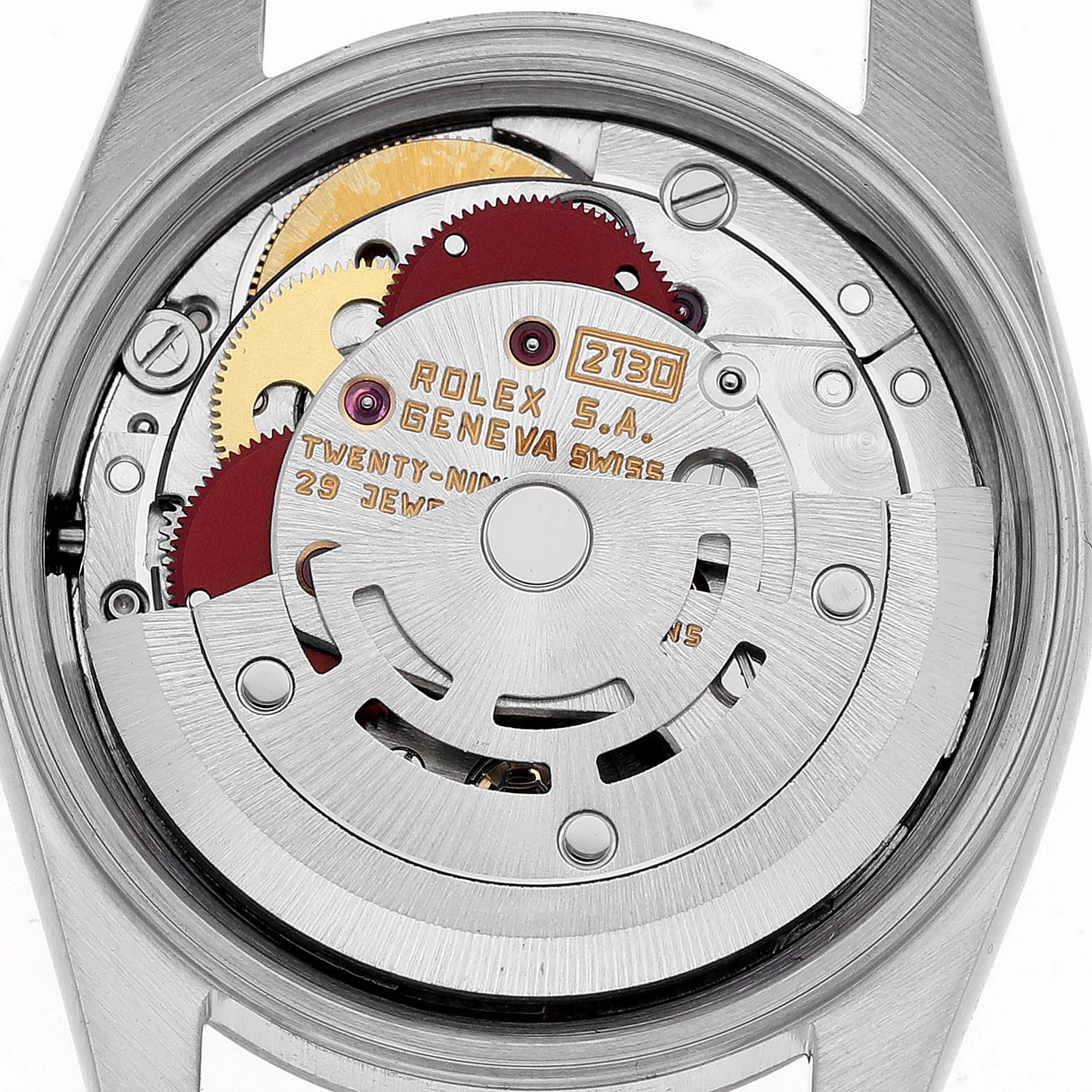 This image shows the internal mechanism of a Rolex Oyster Perpetual 67194 Women's Stainless Steel Silver Dial 67194 Women's Stainless Steel Silver Dial watch, highlighting the rotor and gear components.