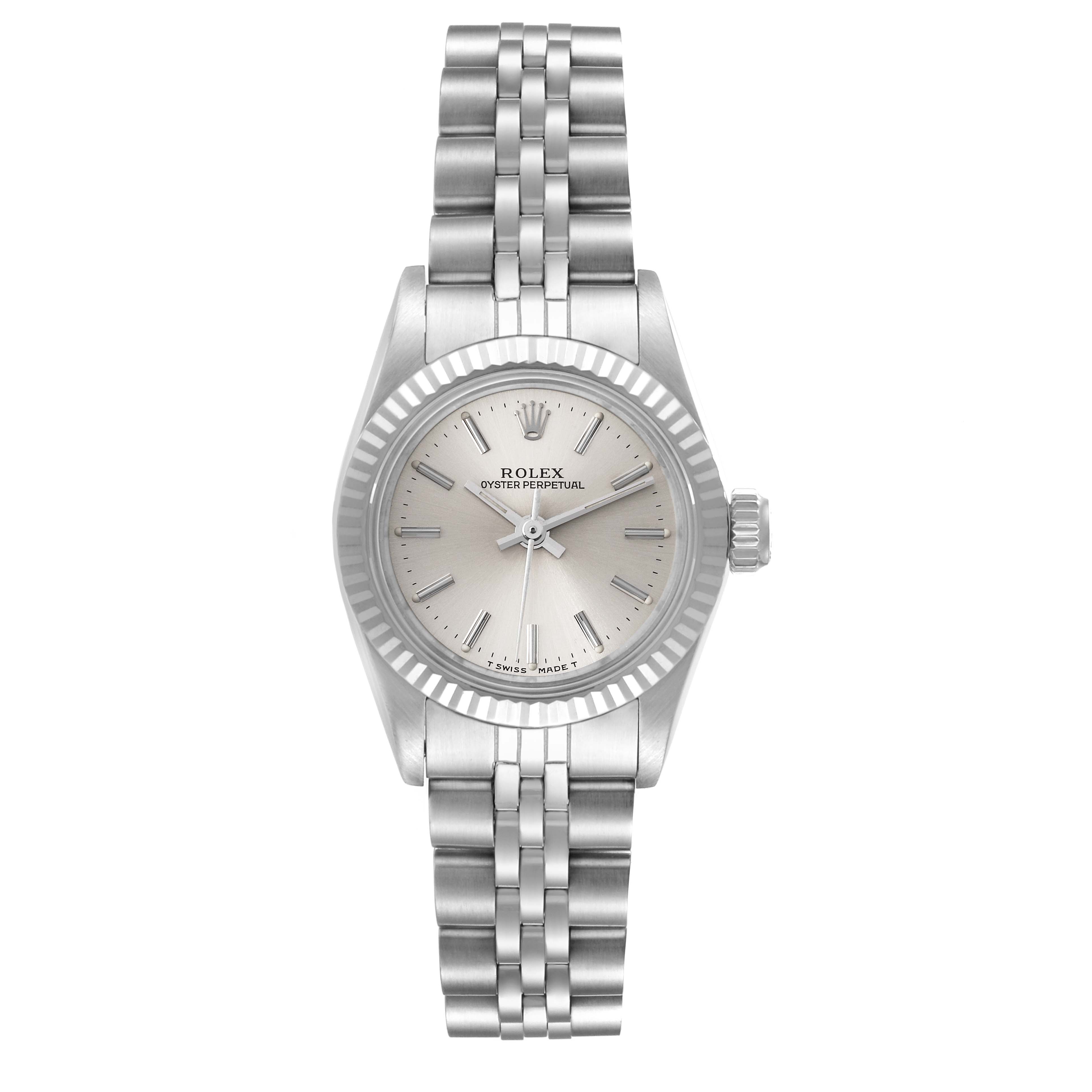 The image shows a front view of a Rolex Oyster Perpetual 67194 Women's Stainless Steel Silver Dial 67194 Women's Stainless Steel Silver Dial watch, featuring its dial, bezel, and bracelet.