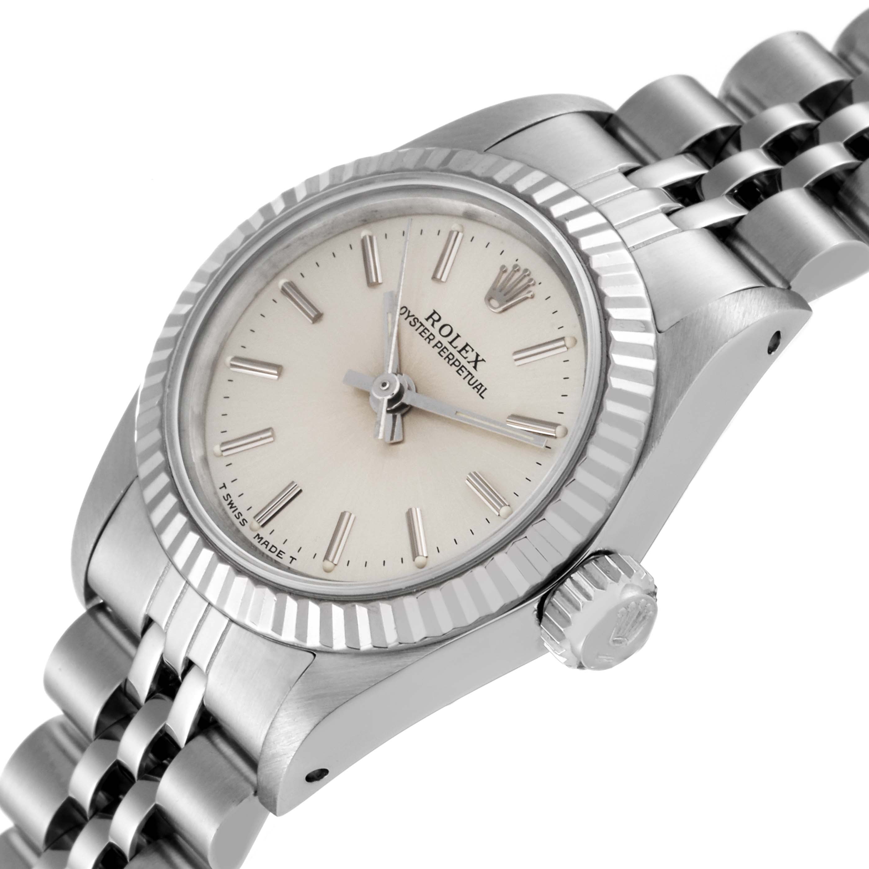 The image shows a close-up angled view of a Rolex Oyster Perpetual 67194 Women's Stainless Steel Silver Dial 67194 Women's Stainless Steel Silver Dial watch, highlighting the face, bezel, crown, and part of the bracelet.