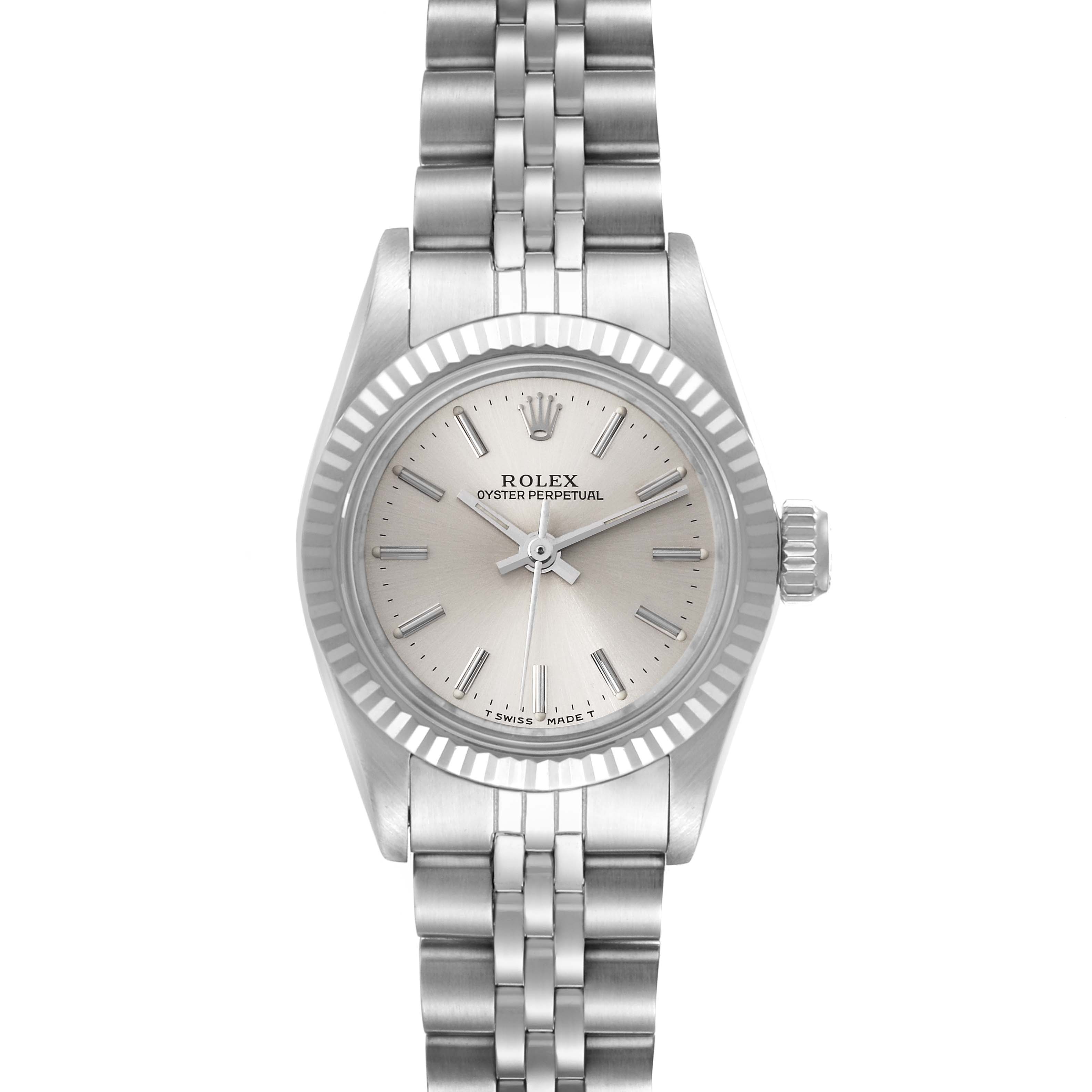 The image shows a front-facing view of a Rolex Oyster Perpetual 67194 Women's Stainless Steel Silver Dial 67194 Women's Stainless Steel Silver Dial watch, highlighting its dial and bracelet.