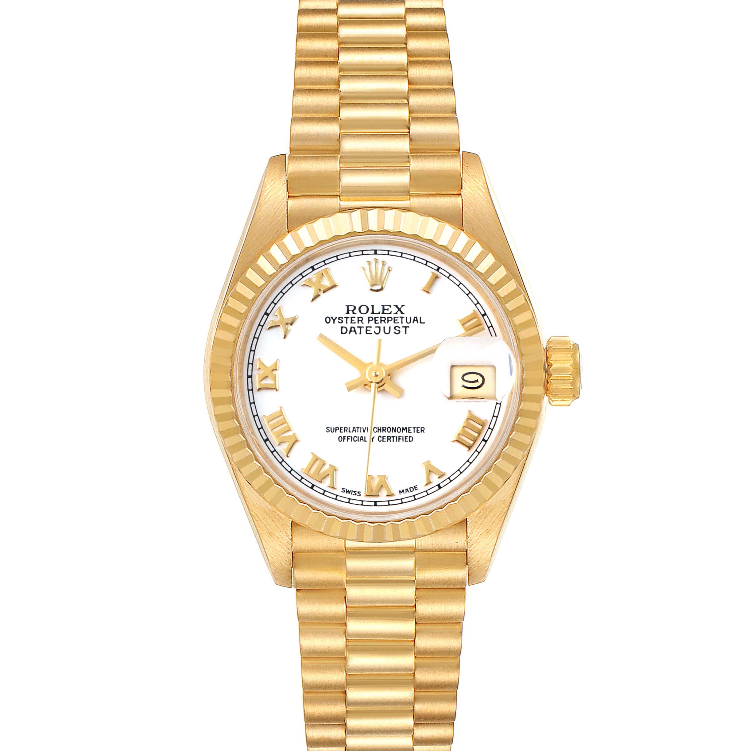 The image shows a frontal view of the Rolex President 69178 Women
s Yellow Gold White Dial 69178 Women
s Yellow Gold White Dial model, showcasing its gold bracelet, dial, fluted bezel, and date window.