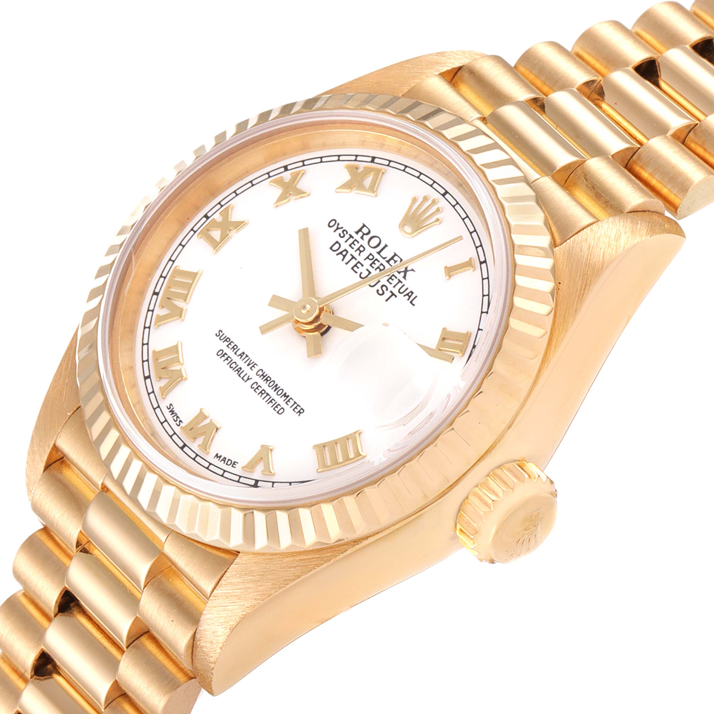 The image shows a Rolex President 69178 Women
s Yellow Gold White Dial 69178 Women
s Yellow Gold White Dial model watch, focusing on the face, bezel, crown, and bracelet at an angled close-up view.