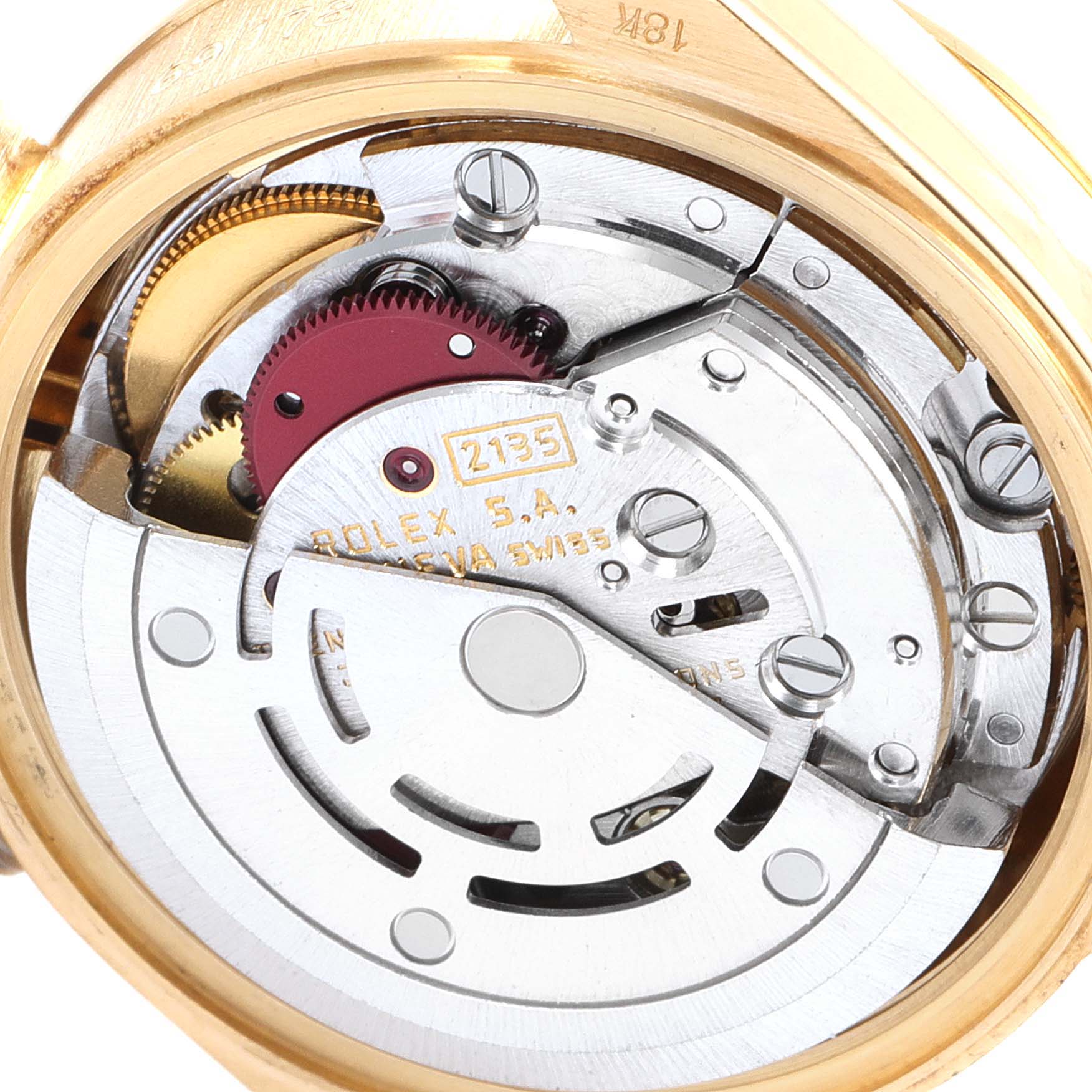 The image shows the internal movement of a Rolex President 69178 Women
s Yellow Gold White Dial 69178 Women
s Yellow Gold White Dial model watch at a close-up angle.