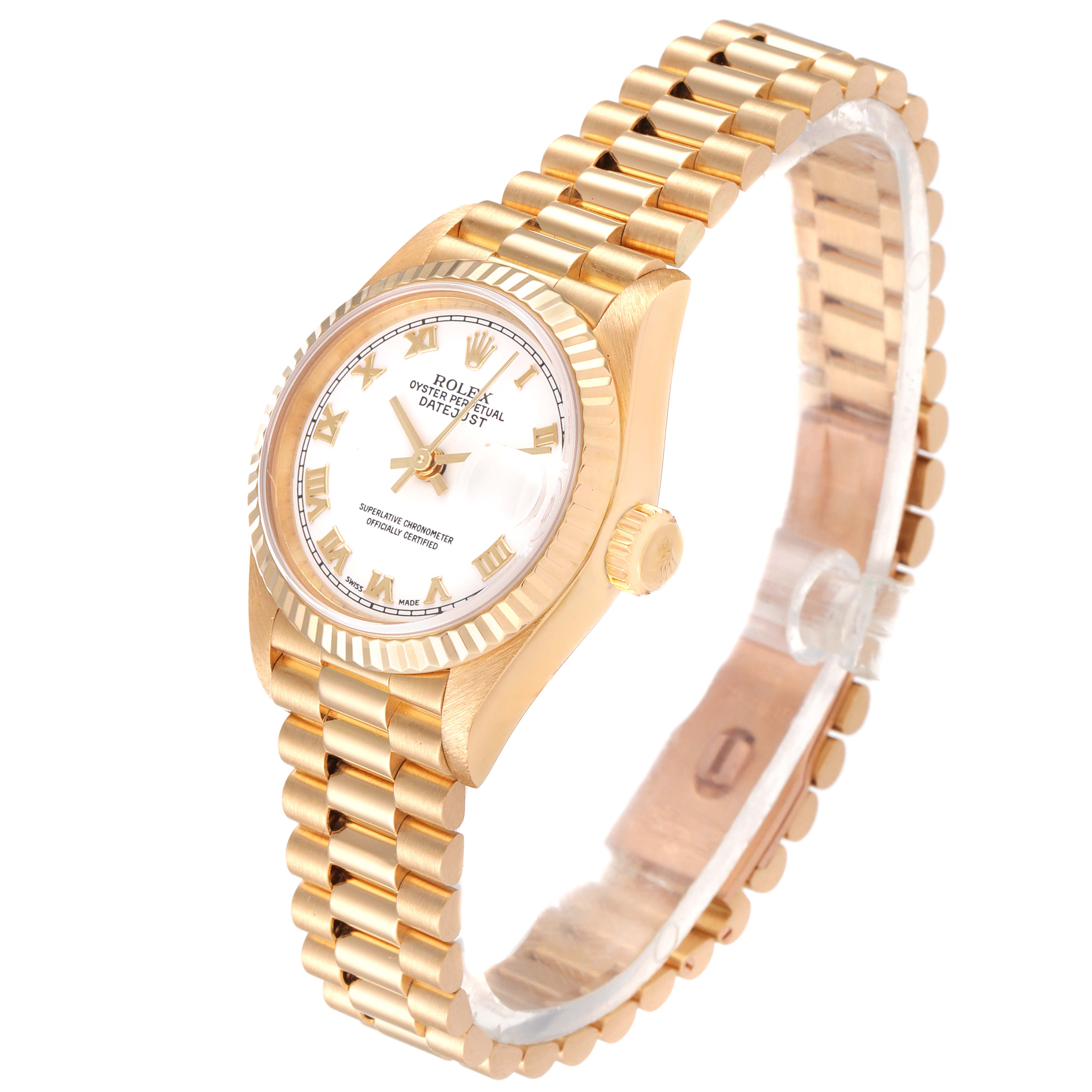 The image shows a Rolex President 69178 Women
s Yellow Gold White Dial 69178 Women
s Yellow Gold White Dial model watch at a three-quarter angle, highlighting its bracelet, dial, and crown.