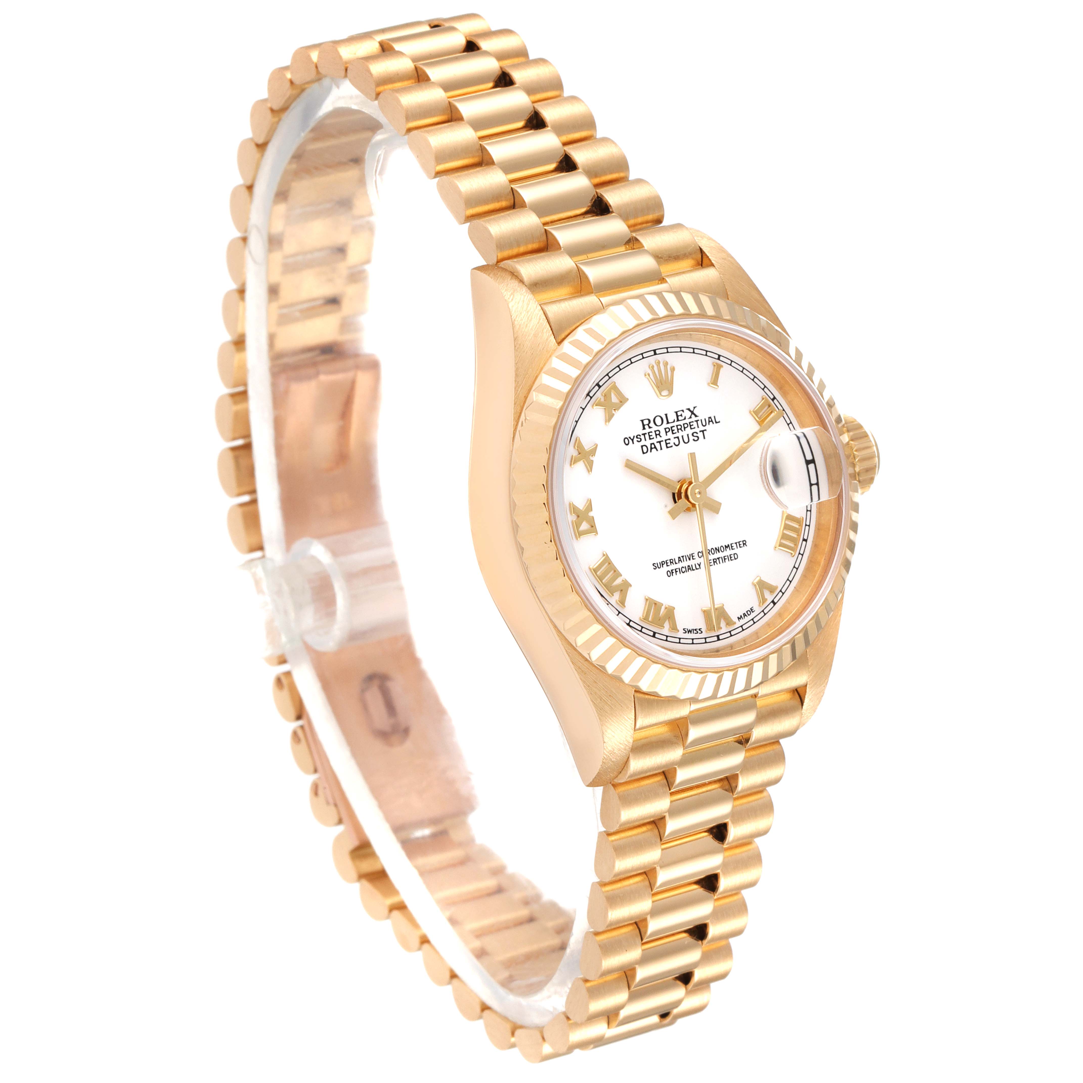The Rolex President 69178 Women
s Yellow Gold White Dial 69178 Women
s Yellow Gold White Dial model is shown at a three-quarter angle displaying the watch face, bracelet, and side crown.