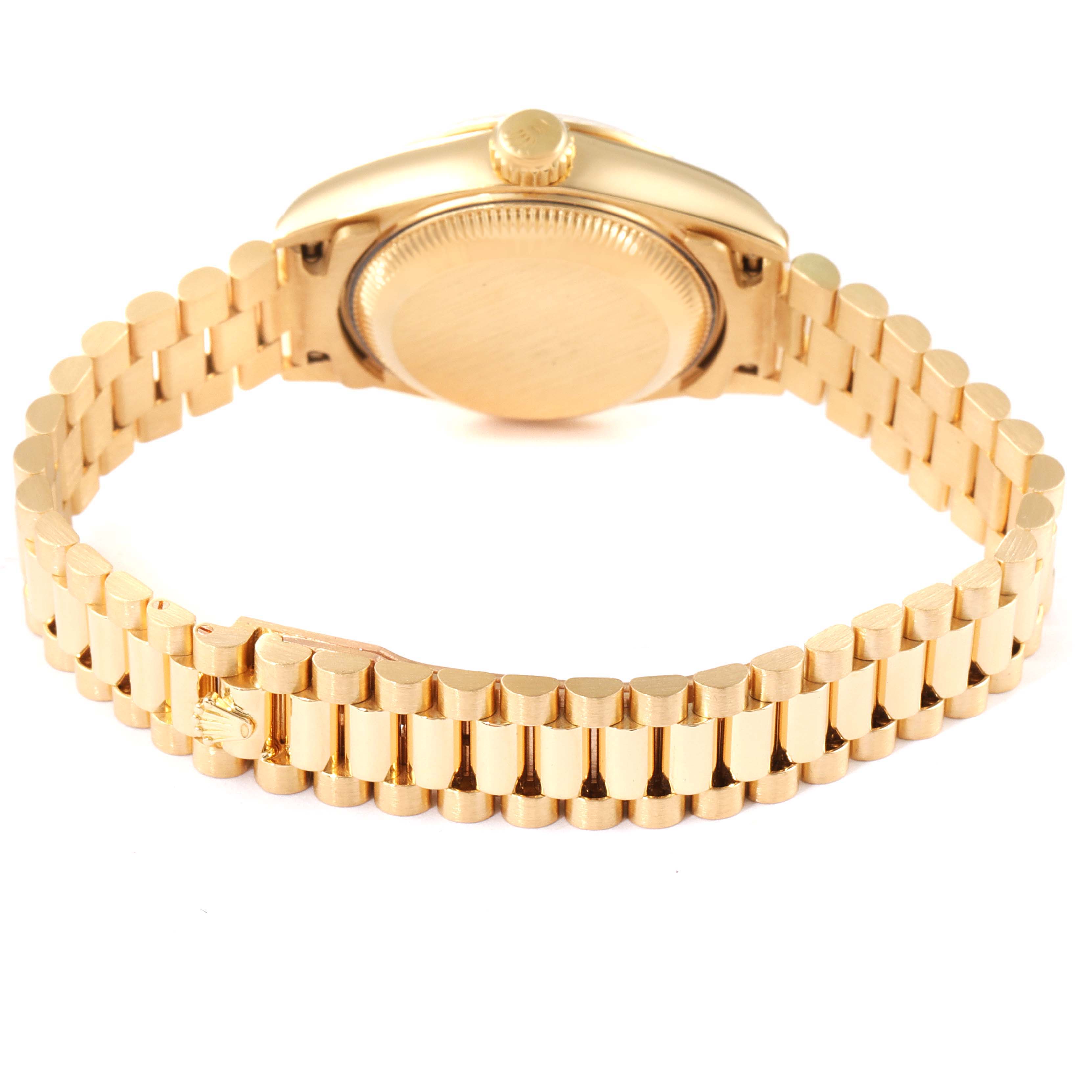 This image shows the back view of a gold Rolex President 69178 Women
s Yellow Gold White Dial 69178 Women
s Yellow Gold White Dial watch, including the case back, crown, and bracelet.