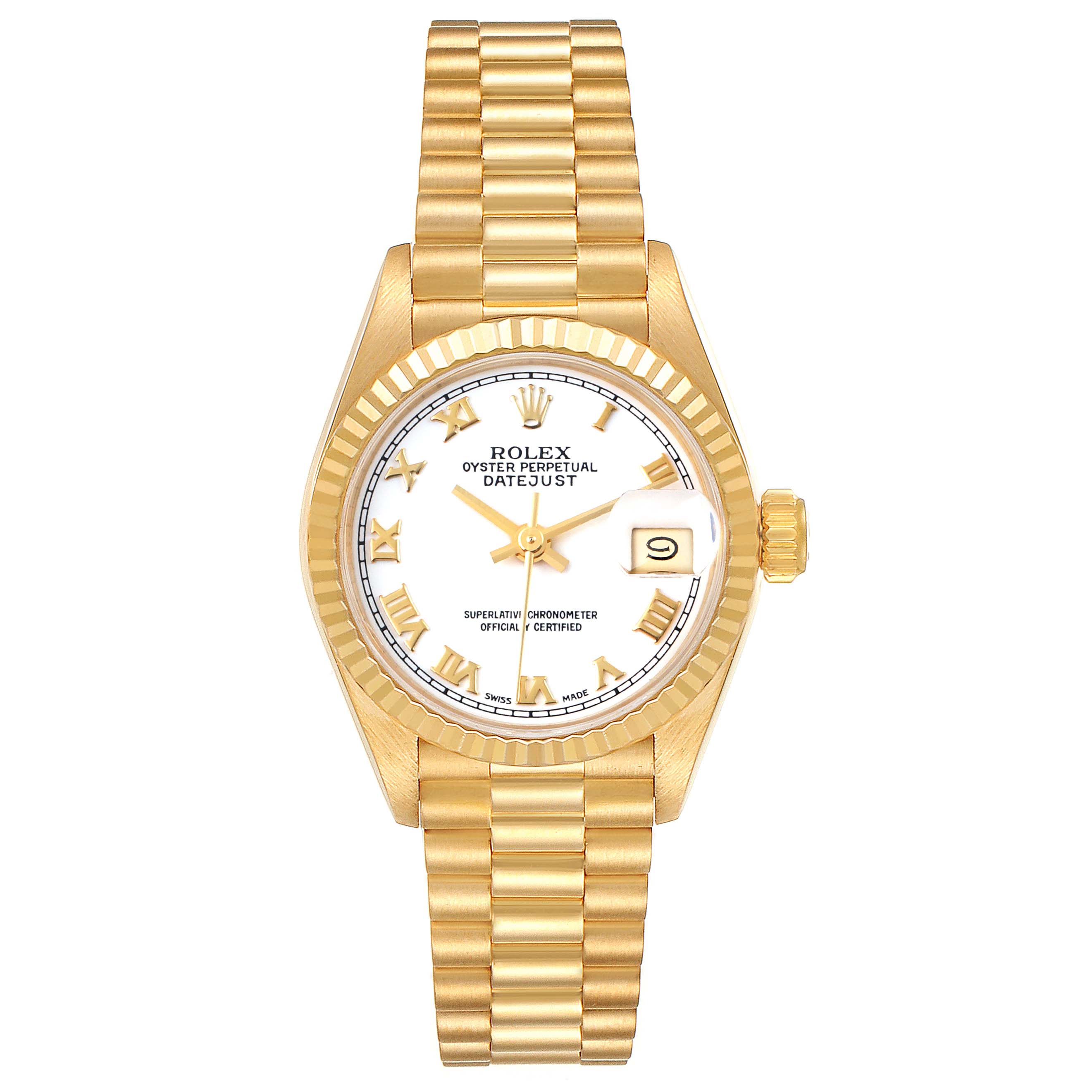 The image shows a Rolex President 69178 Women
s Yellow Gold White Dial 69178 Women
s Yellow Gold White Dial model watch from a top-down angle, displaying the face, bezel, and bracelet.