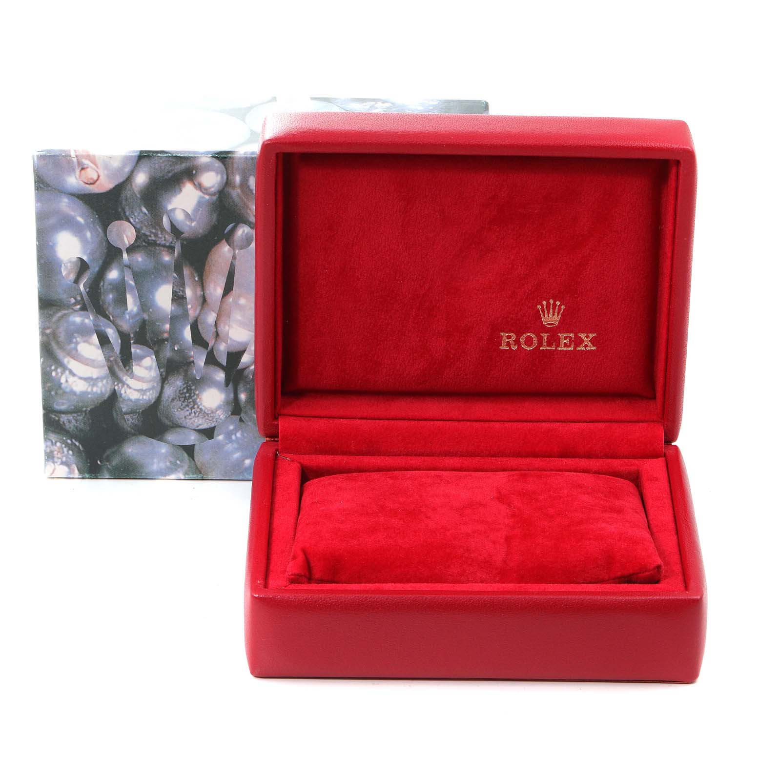 The image shows an open luxury red watch box for the Rolex President 69178 Women
s Yellow Gold White Dial 69178 Women
s Yellow Gold White Dial model, with the logo on the inside lid.