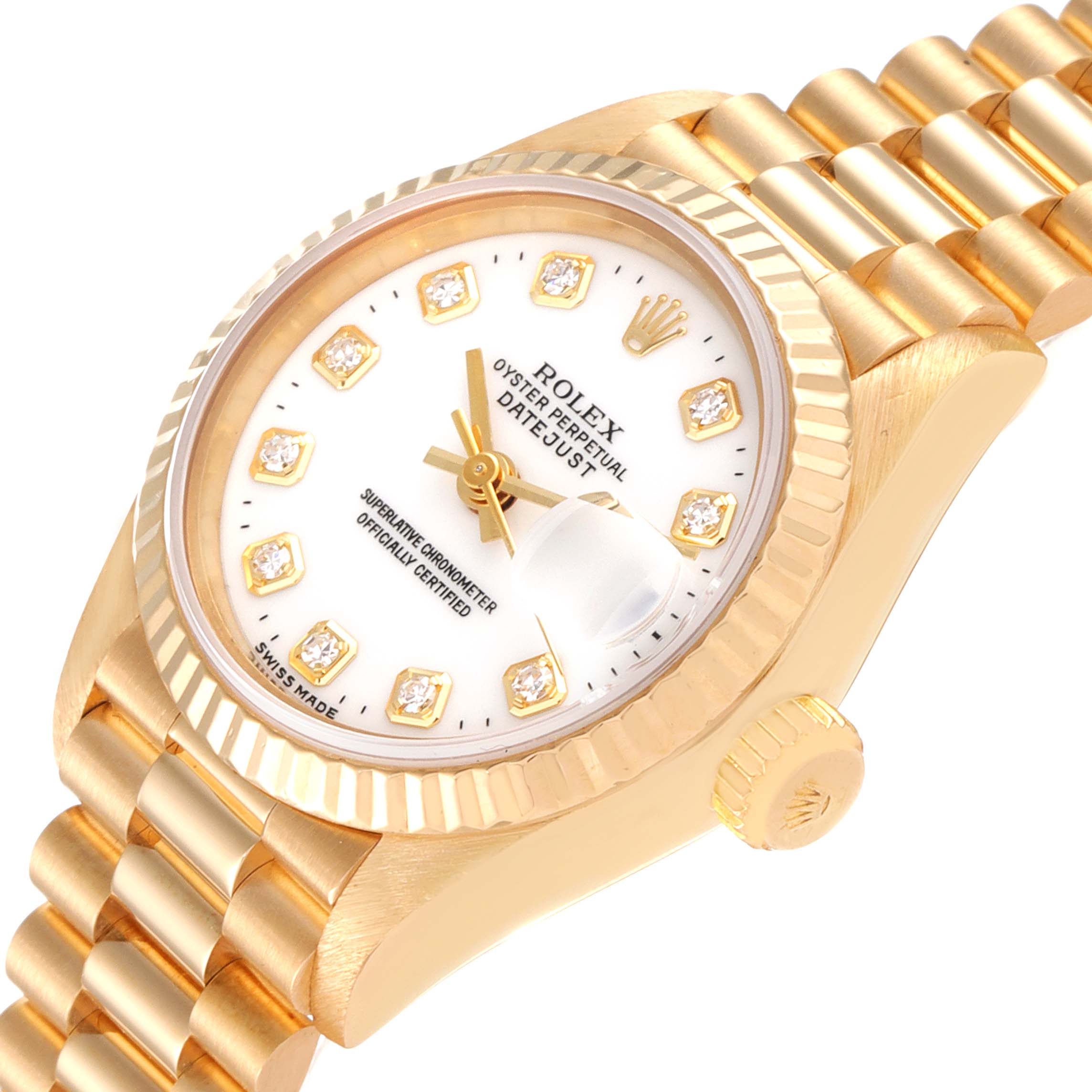 The image shows a Rolex President 69178 Women
s Yellow Gold White Dial 69178 Women
s Yellow Gold White Dial model watch at a slight top angle, highlighting the dial, crown, and bracelet.