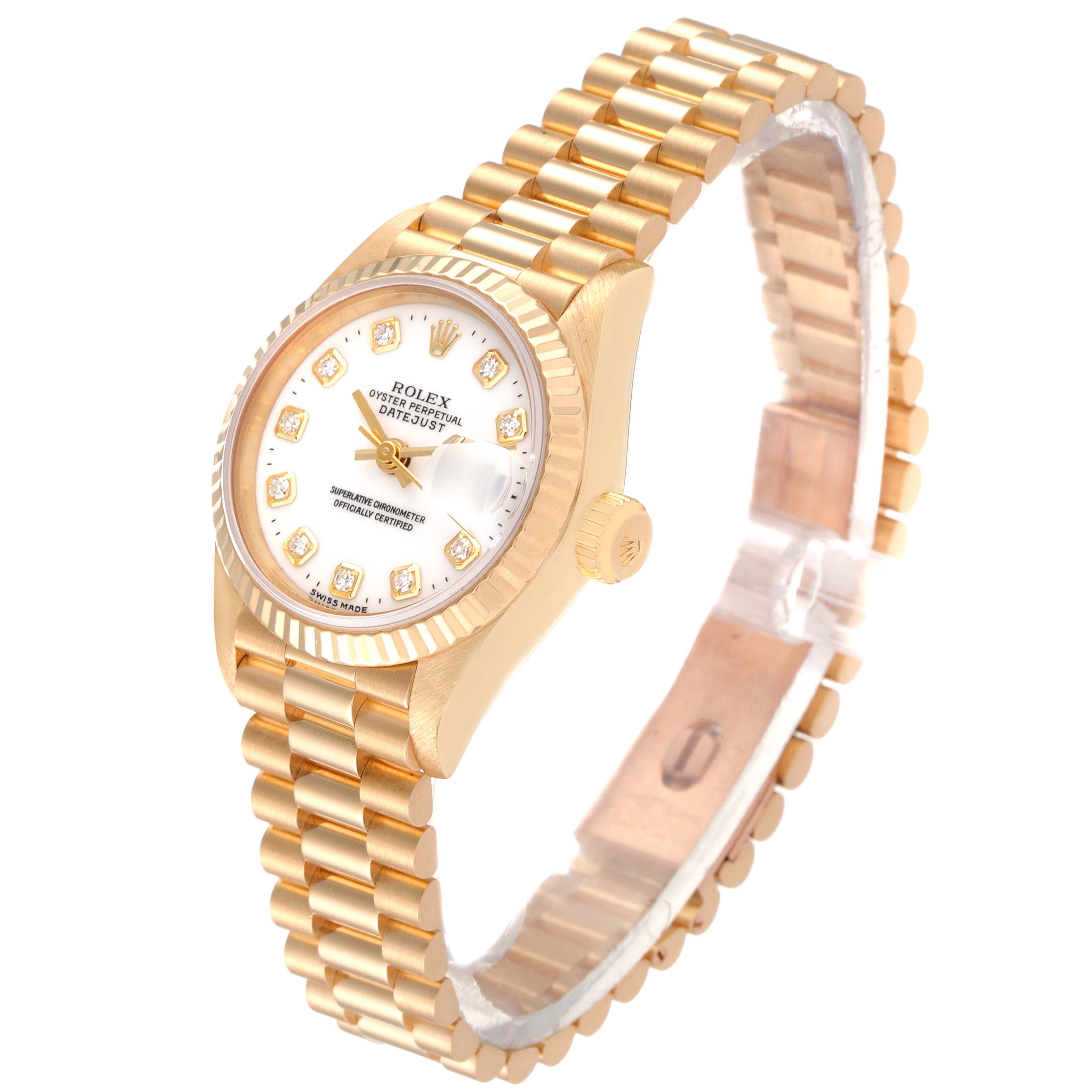 The image shows a gold Rolex President 69178 Women
s Yellow Gold White Dial 69178 Women
s Yellow Gold White Dial model watch at a slight angle, emphasizing the dial, bracelet, and crown.