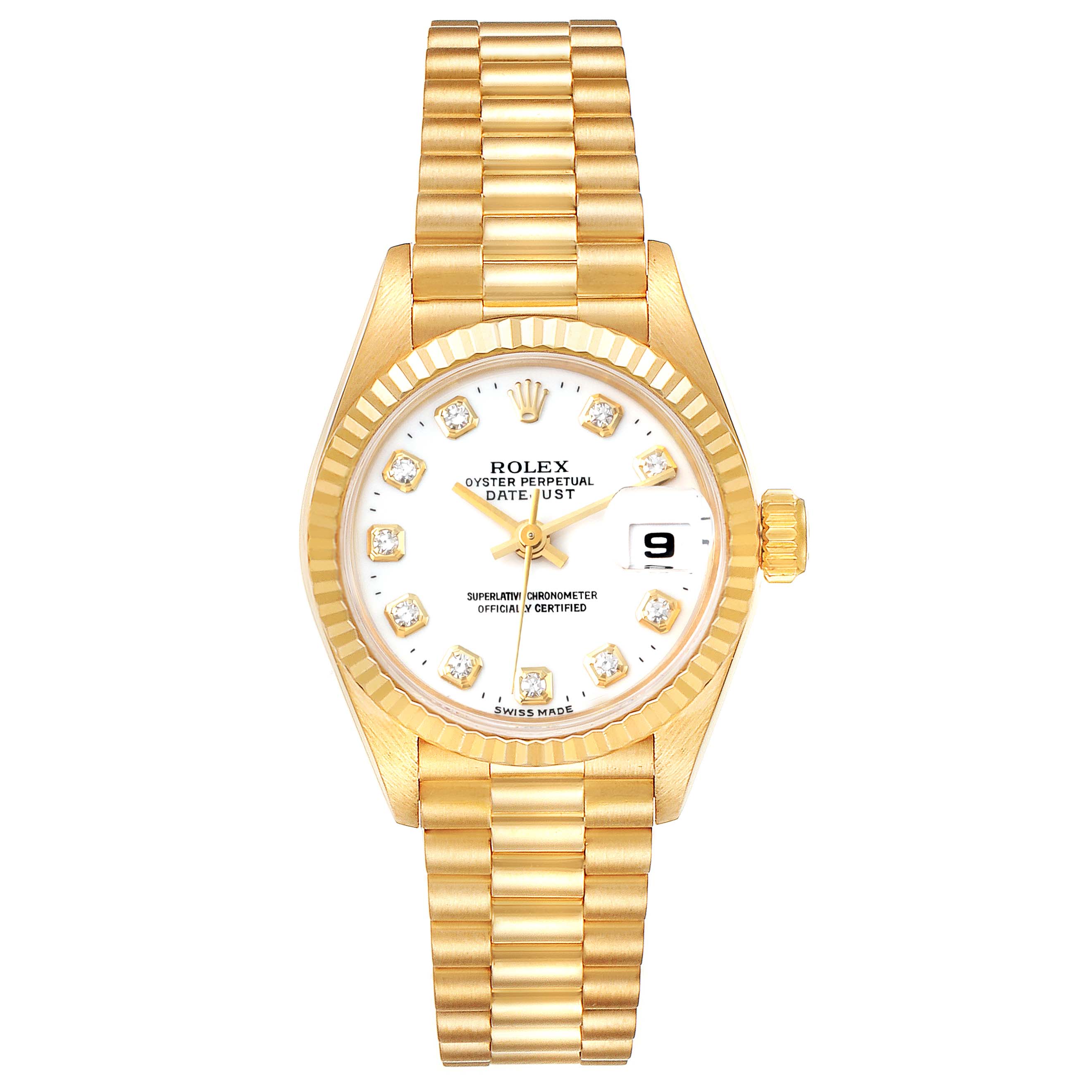 This image shows the front view of a Rolex President 69178 Women
s Yellow Gold White Dial 69178 Women
s Yellow Gold White Dial model watch, highlighting the dial, bezel, and bracelet.