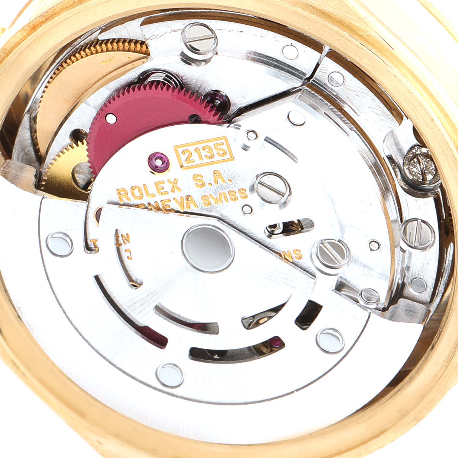 This is a close-up view of the internal mechanism of the Rolex President 69178 Women
s Yellow Gold White Dial 69178 Women
s Yellow Gold White Dial model watch, highlighting its intricate components.