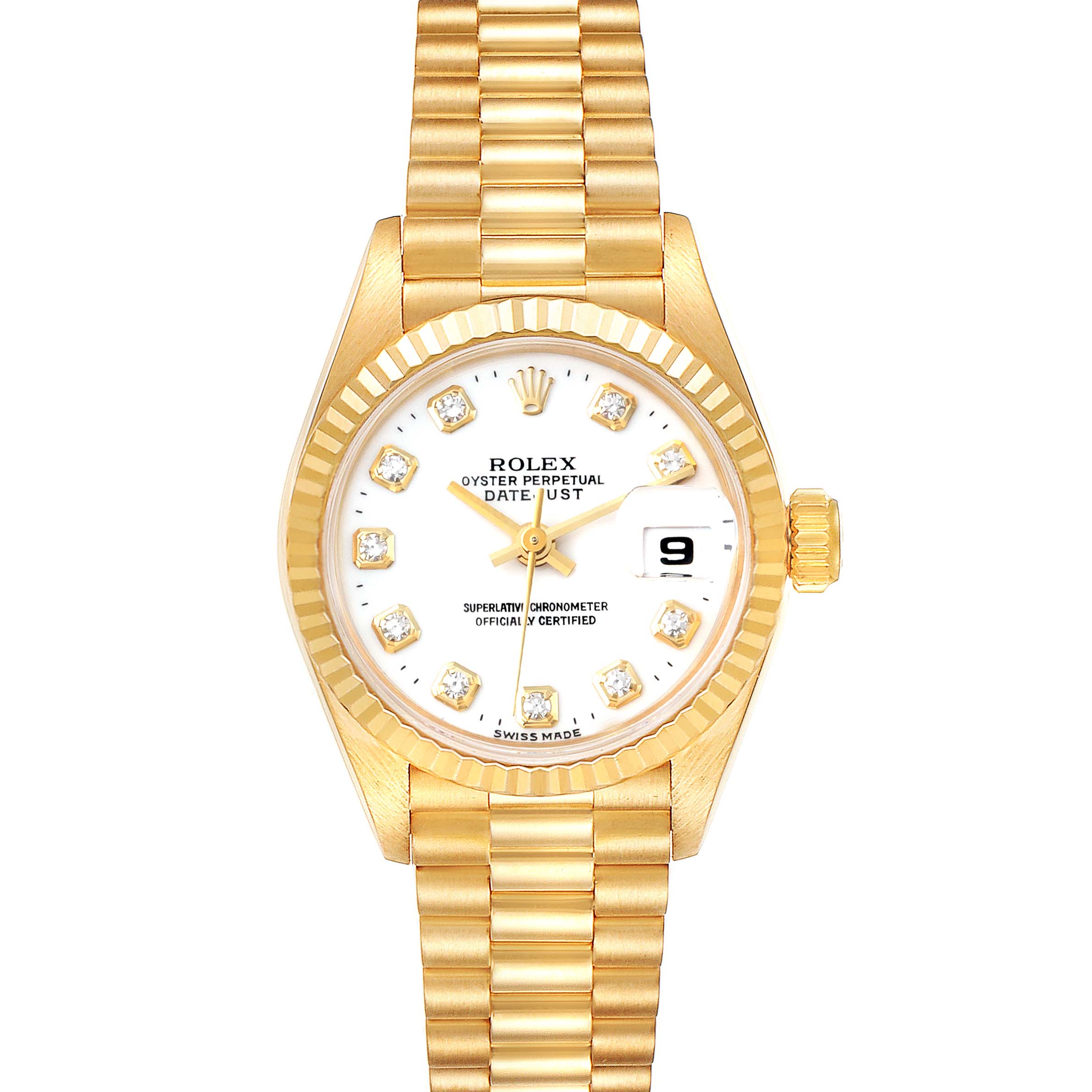 This Rolex President 69178 Women
s Yellow Gold White Dial 69178 Women
s Yellow Gold White Dial model watch is shown from the front, displaying the dial, bezel, hands, crown, and bracelet.