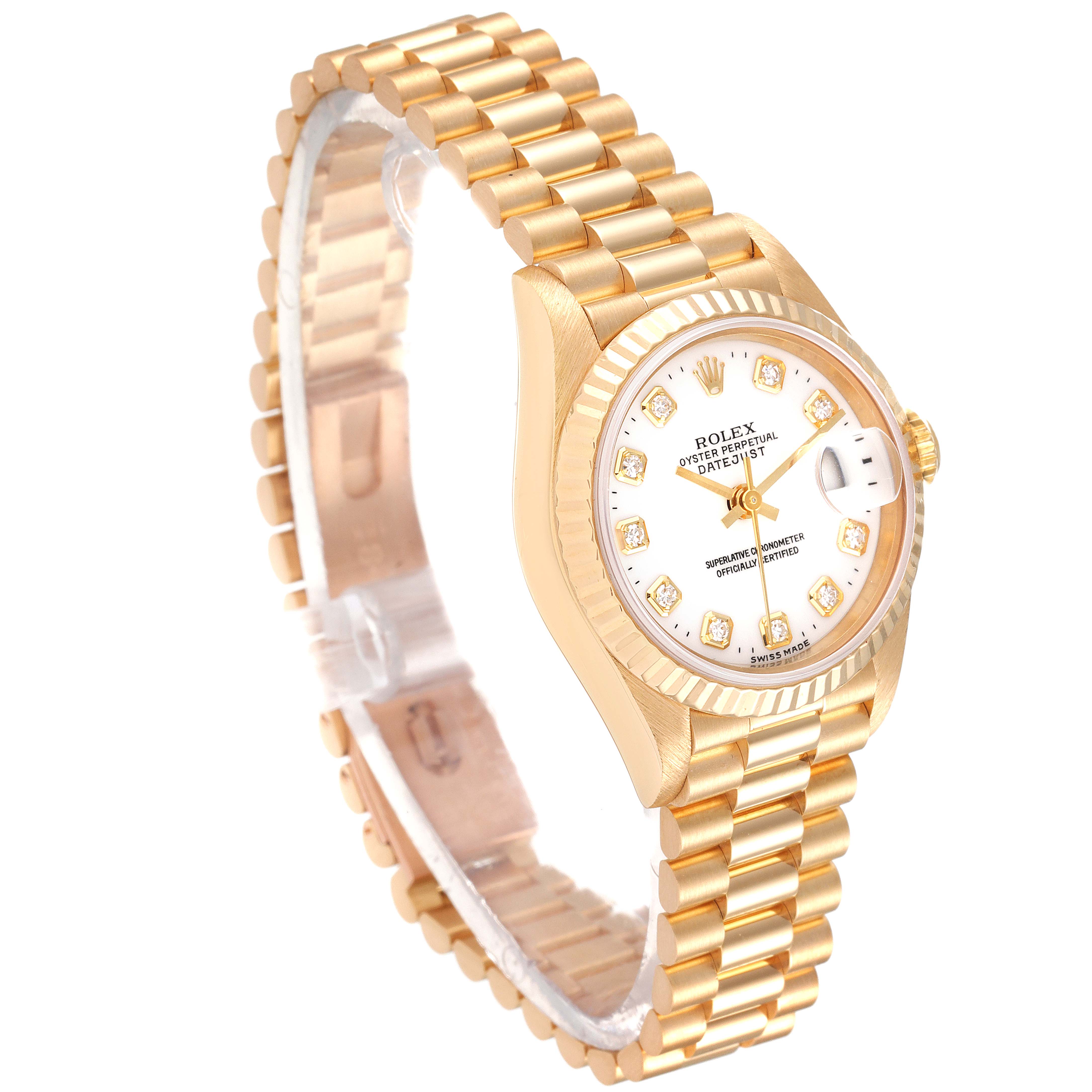 This image shows a Rolex President 69178 Women
s Yellow Gold White Dial 69178 Women
s Yellow Gold White Dial model watch angled to reveal the band, bezel, and face.