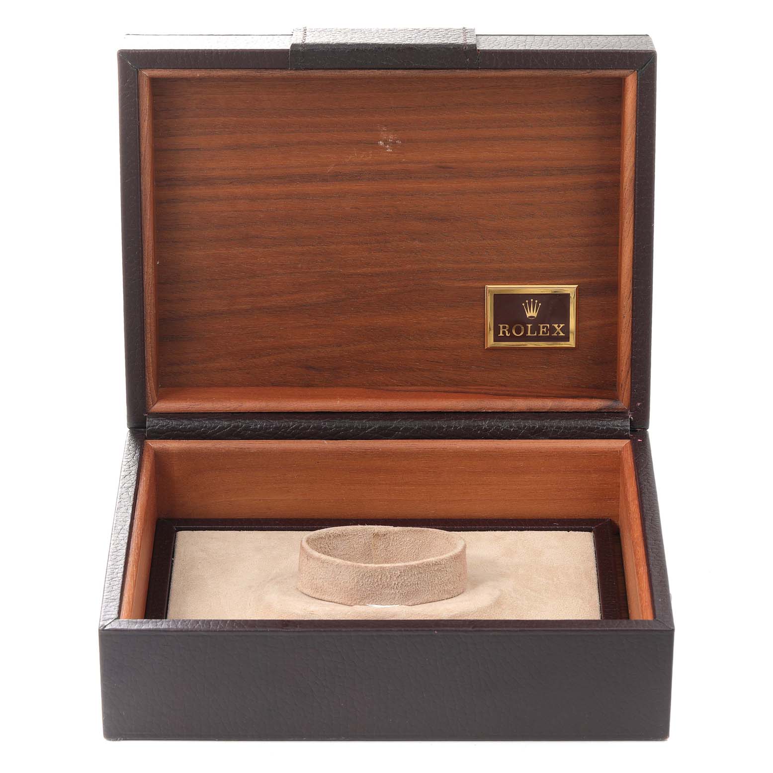 This image shows an empty Rolex President 18038 Men's Yellow Gold Champagne Dial 18038 Men's Yellow Gold Champagne Dial model watch box, open, with a cushioned insert and Rolex logo inside.