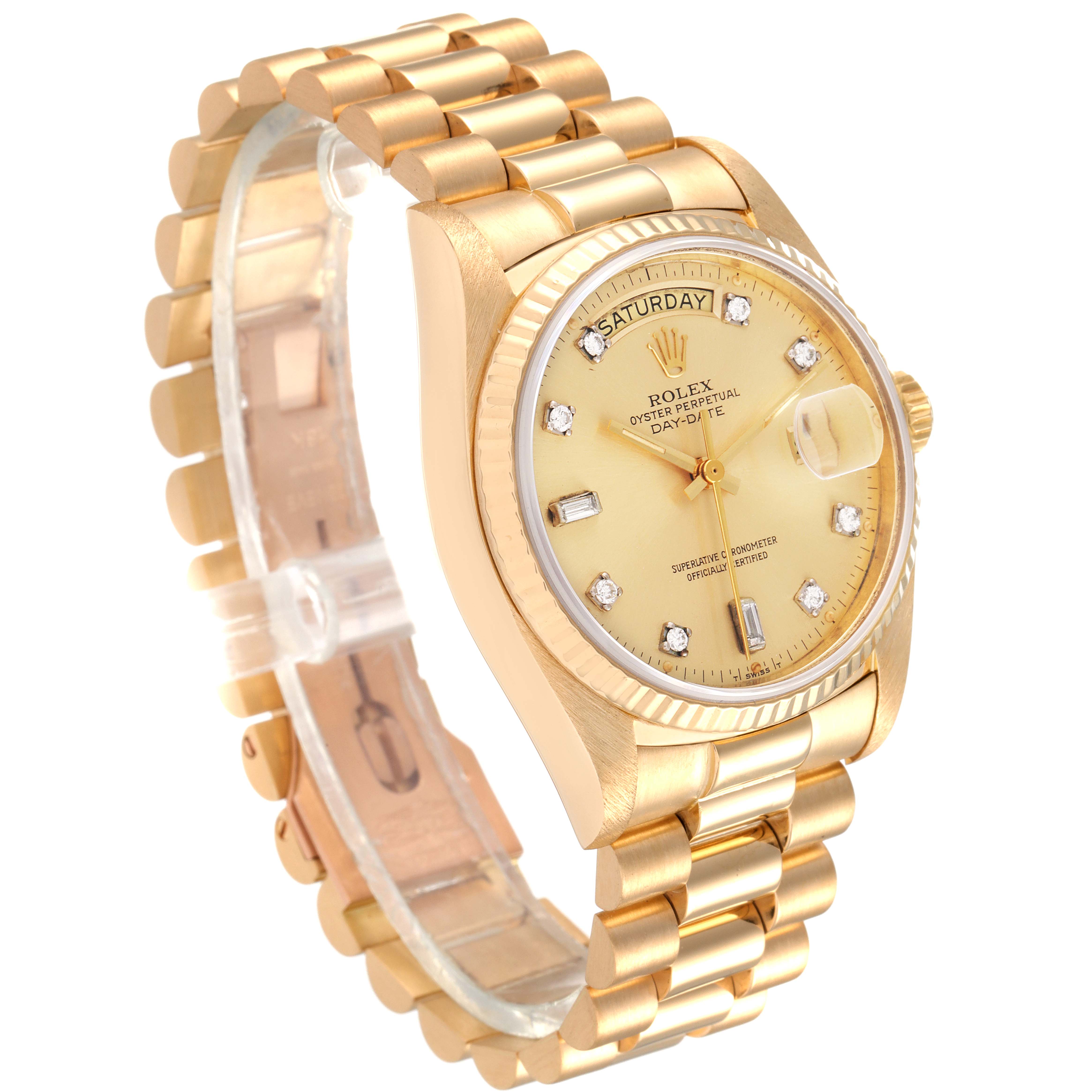 The Rolex President 18038 Men's Yellow Gold Champagne Dial 18038 Men's Yellow Gold Champagne Dial model watch is shown at a three-quarter angle, highlighting its face, band, and crown.