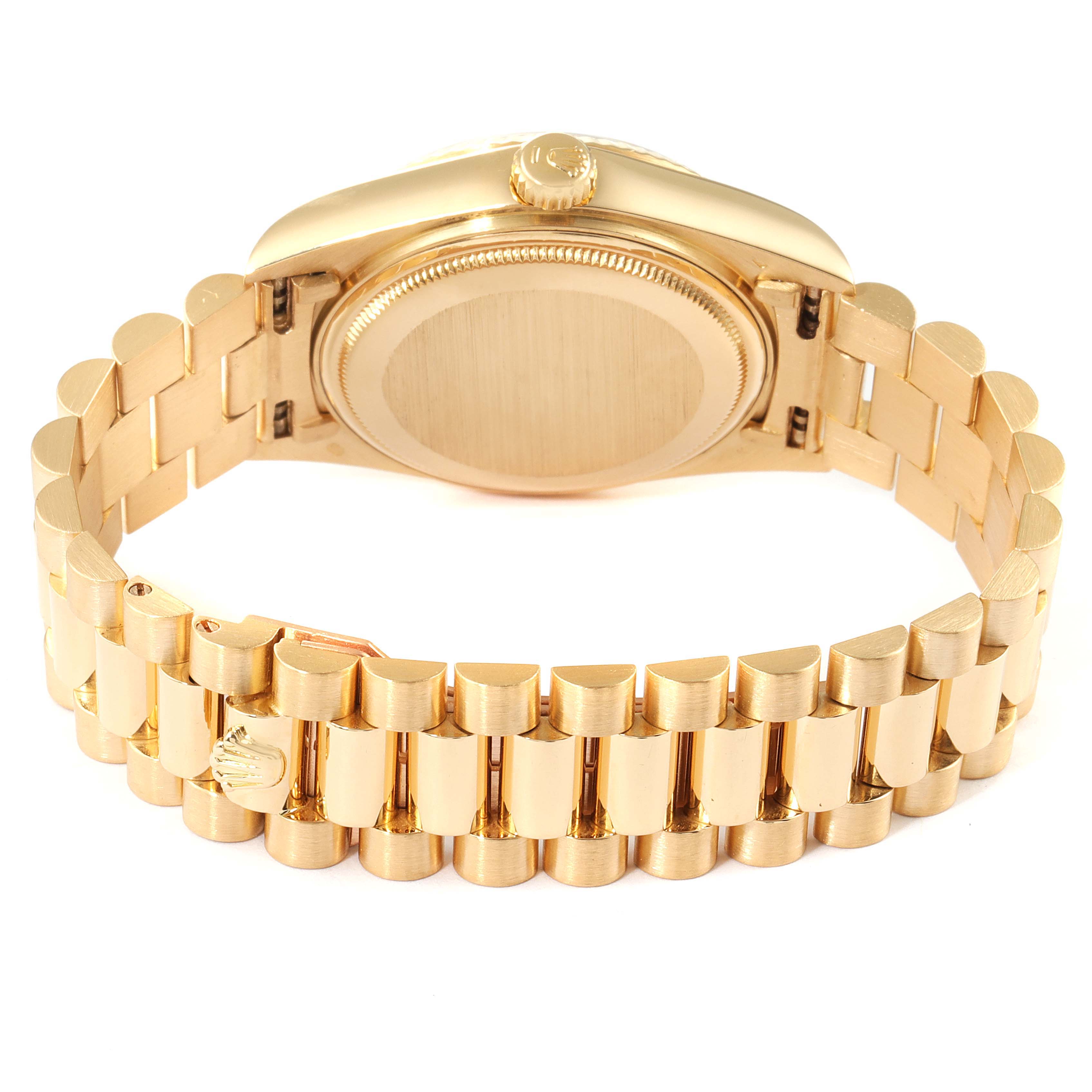 This image shows the back and bracelet of a Rolex President 18038 Men's Yellow Gold Champagne Dial 18038 Men's Yellow Gold Champagne Dial model watch, viewed at an angle showing the case back and crown.