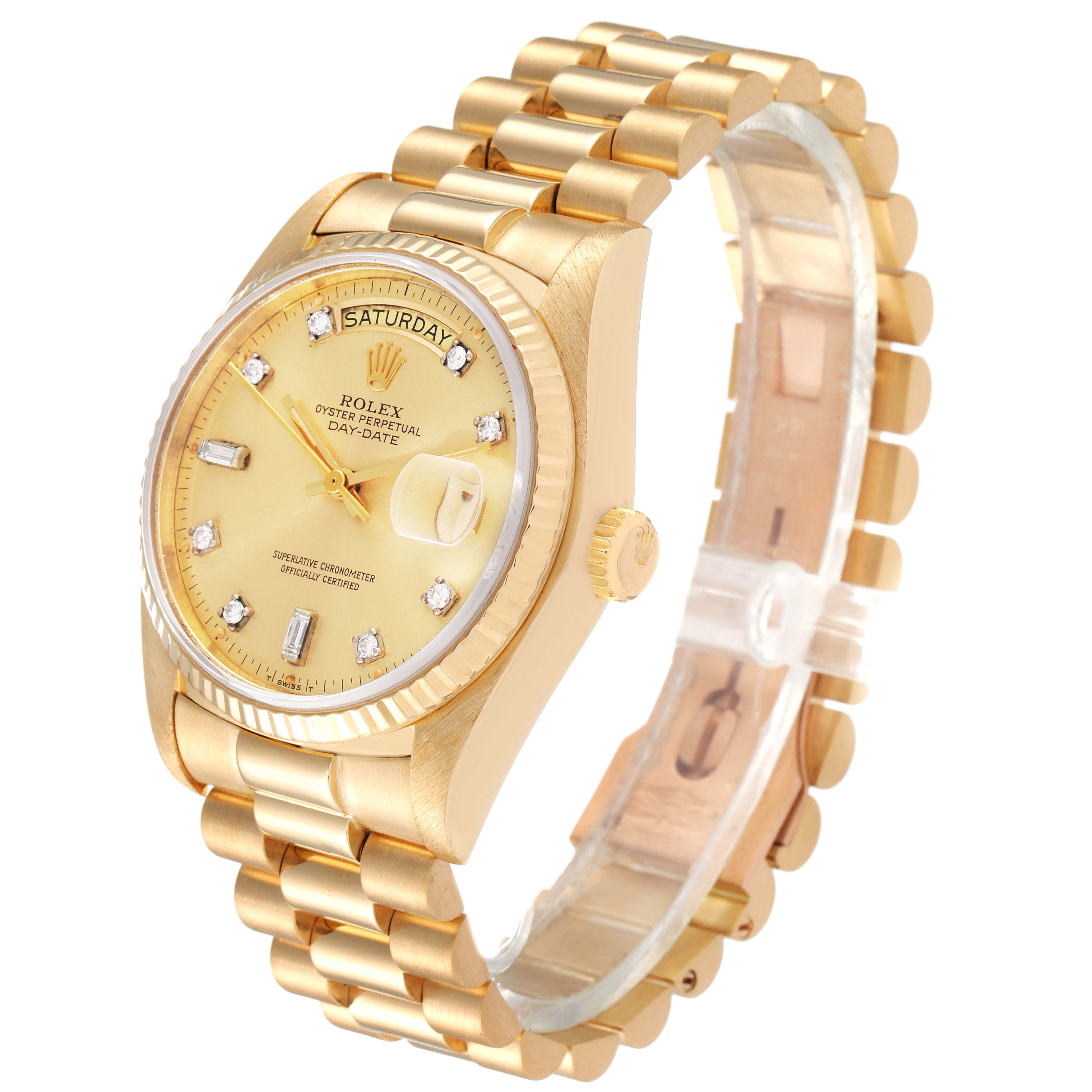 The image shows a Rolex President 18038 Men's Yellow Gold Champagne Dial 18038 Men's Yellow Gold Champagne Dial model watch at a three-quarter angle, highlighting its gold body, dial, and bracelet.