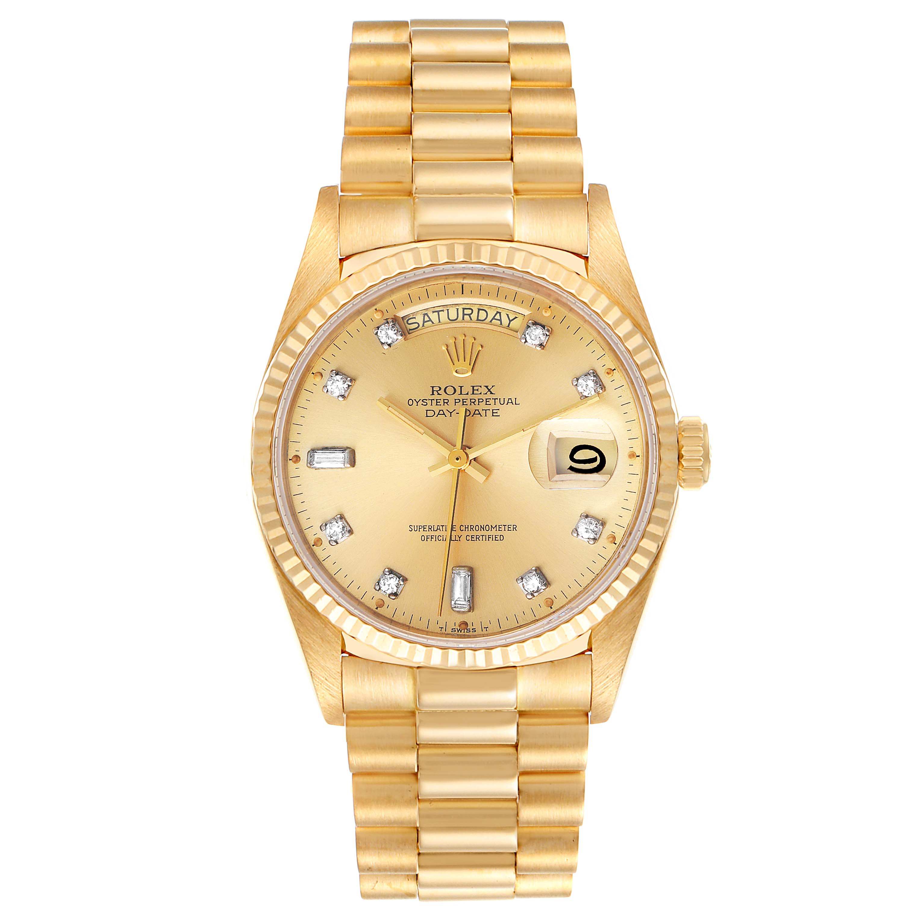 The image shows a front view of the President model by Rolex, highlighting the dial, day-date display, and bracelet.