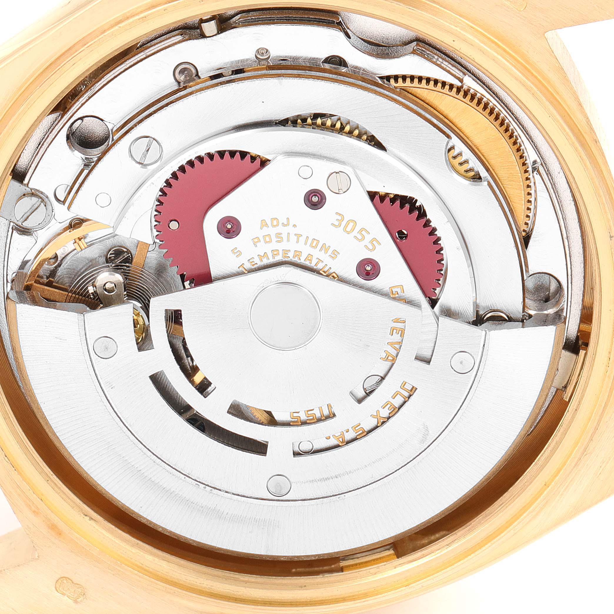 This is an internal view of the Rolex President 18038 Men's Yellow Gold Champagne Dial 18038 Men's Yellow Gold Champagne Dial model, showing the watch movement mechanisms and components.