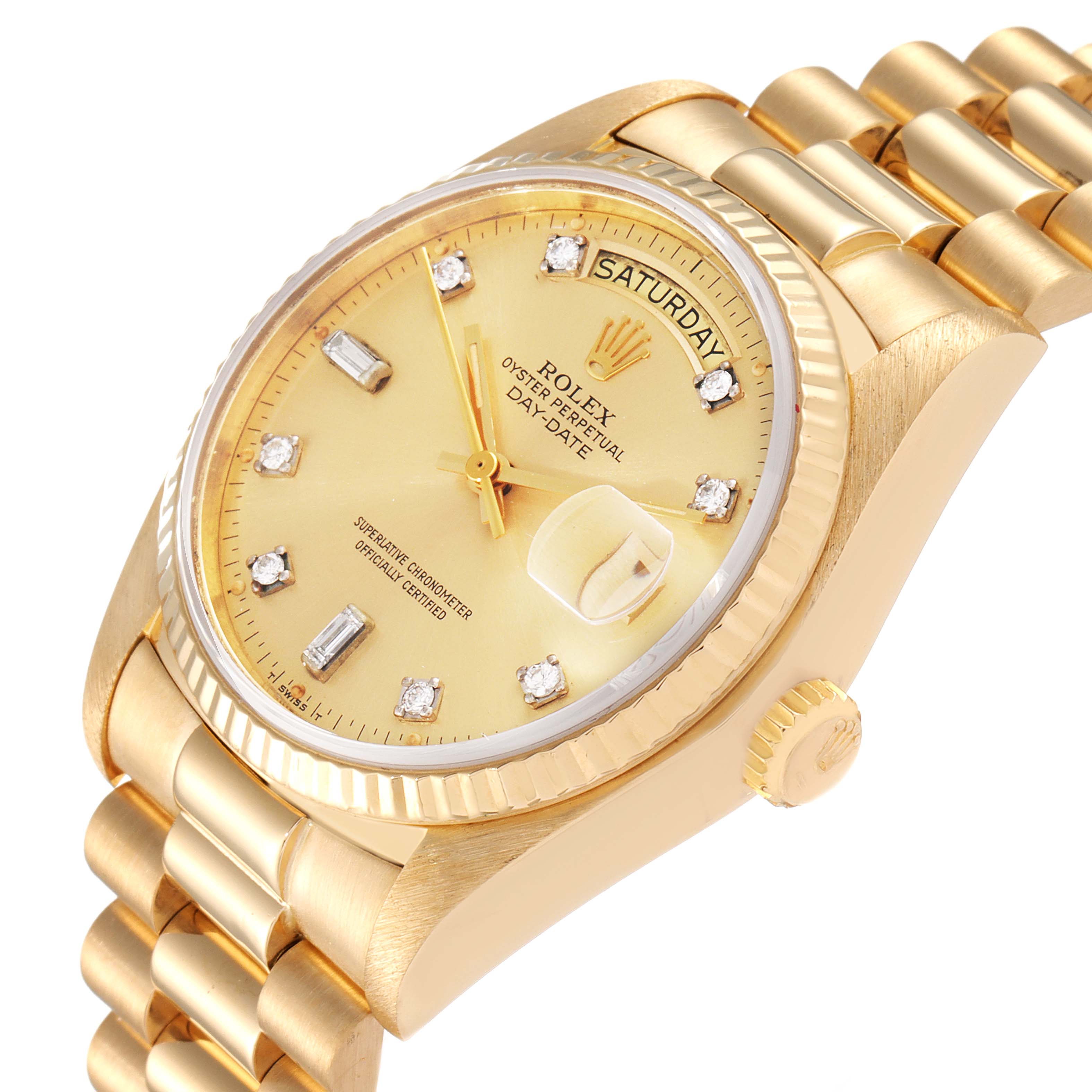This Rolex President 18038 Men's Yellow Gold Champagne Dial 18038 Men's Yellow Gold Champagne Dial model watch is shown at an angled close-up, highlighting its gold band, bezel, and dial with diamond markers.
