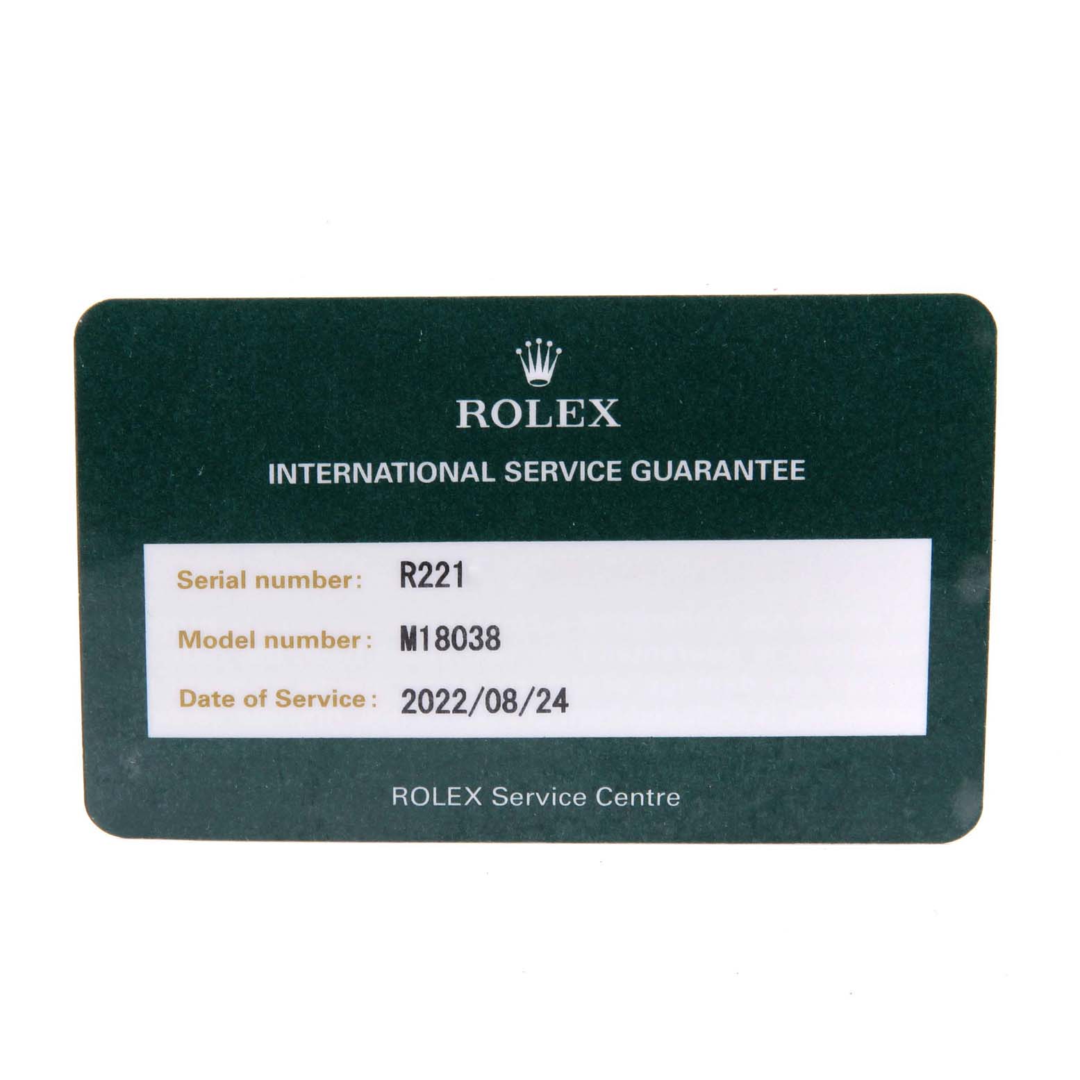 The image shows the International Service Guarantee card for the Rolex President 18038 Men's Yellow Gold Champagne Dial 18038 Men's Yellow Gold Champagne Dial model number M18038.