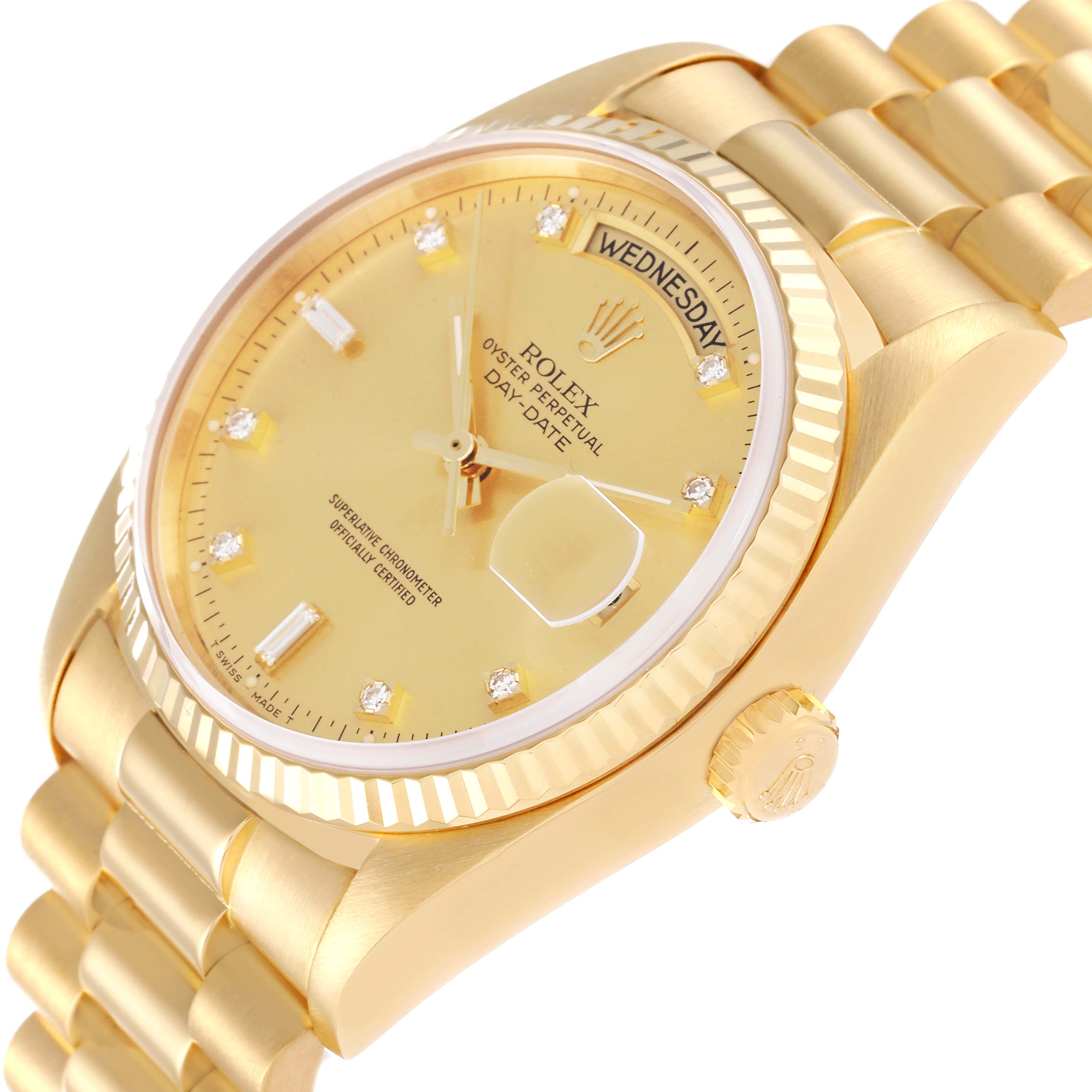 The image shows a Rolex President 18038 Men's Yellow Gold Champagne Dial 18038 Men's Yellow Gold Champagne Dial model watch, angled to display the dial, day, crown, and part of the bracelet.