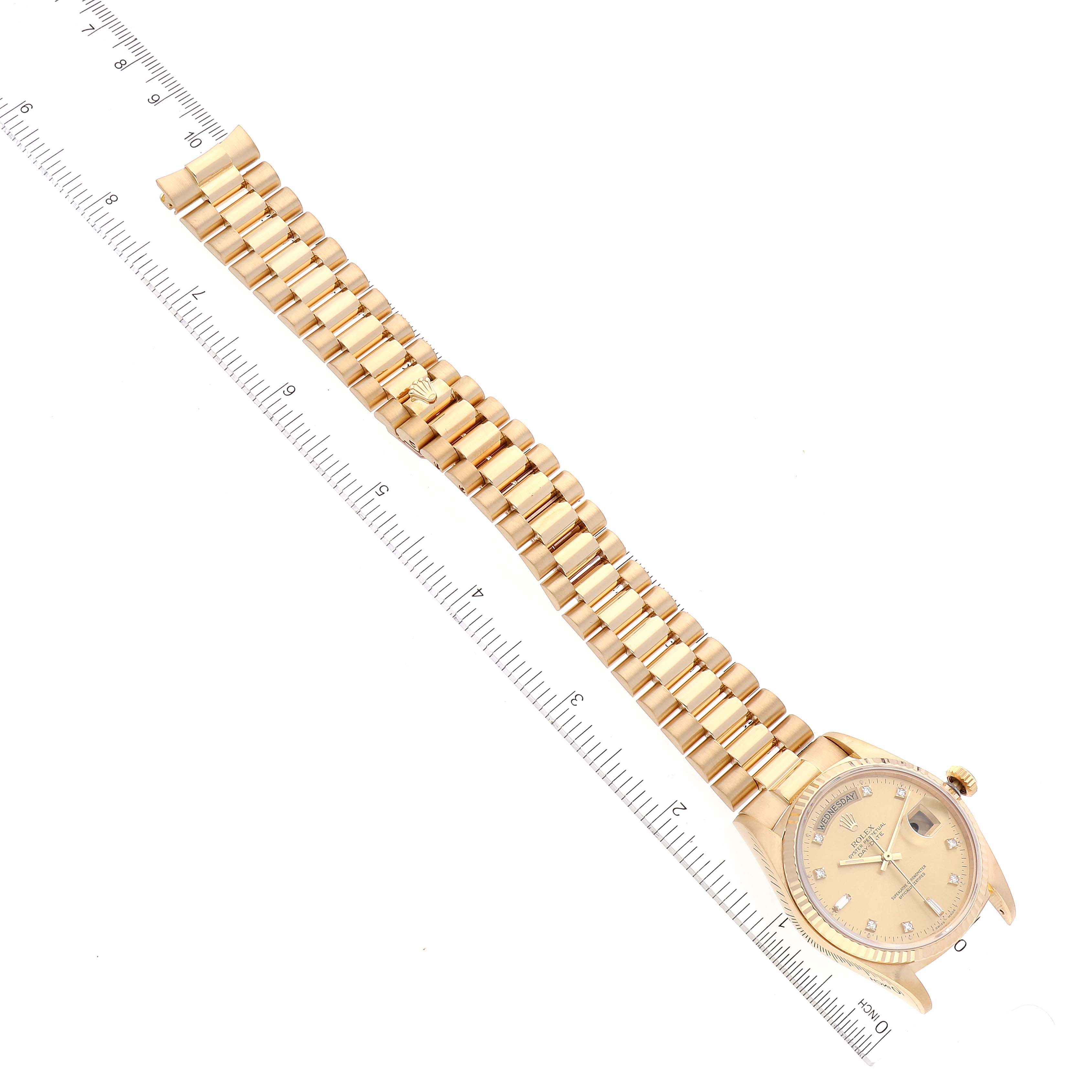 The image shows a top-down view of the Rolex President 18038 Men's Yellow Gold Champagne Dial 18038 Men's Yellow Gold Champagne Dial model watch, including the face, case, and the full bracelet.