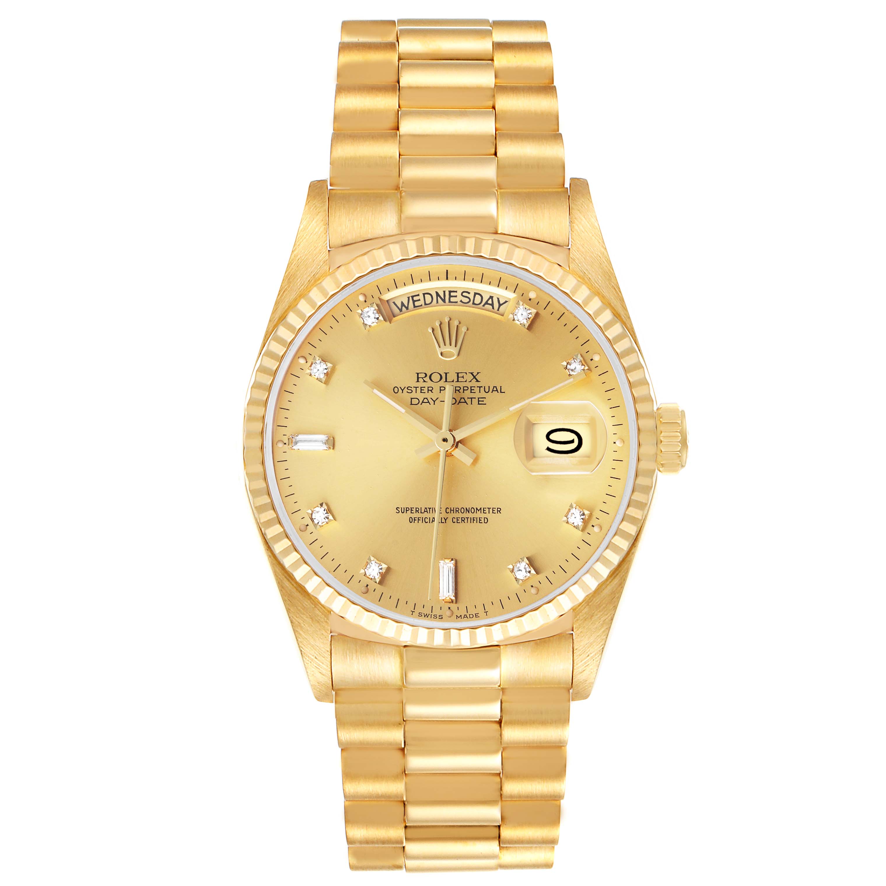 The image shows a Rolex President 18038 Men's Yellow Gold Champagne Dial 18038 Men's Yellow Gold Champagne Dial model watch from a top-down angle, highlighting its dial, bezel, bracelet, and crown.