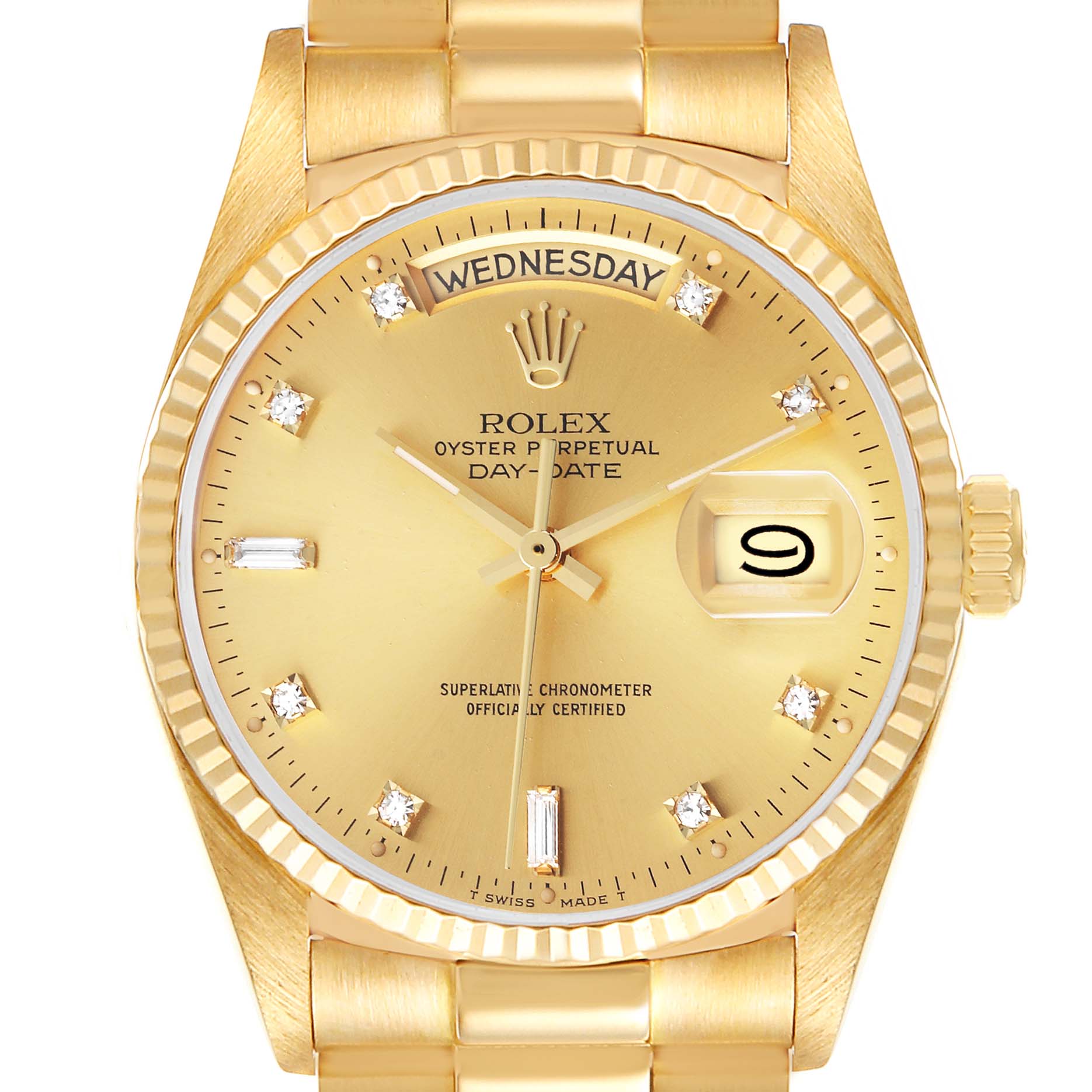 The President model by Rolex is shown from a direct angle, displaying the dial, hands, day/date features, and part of the bracelet.